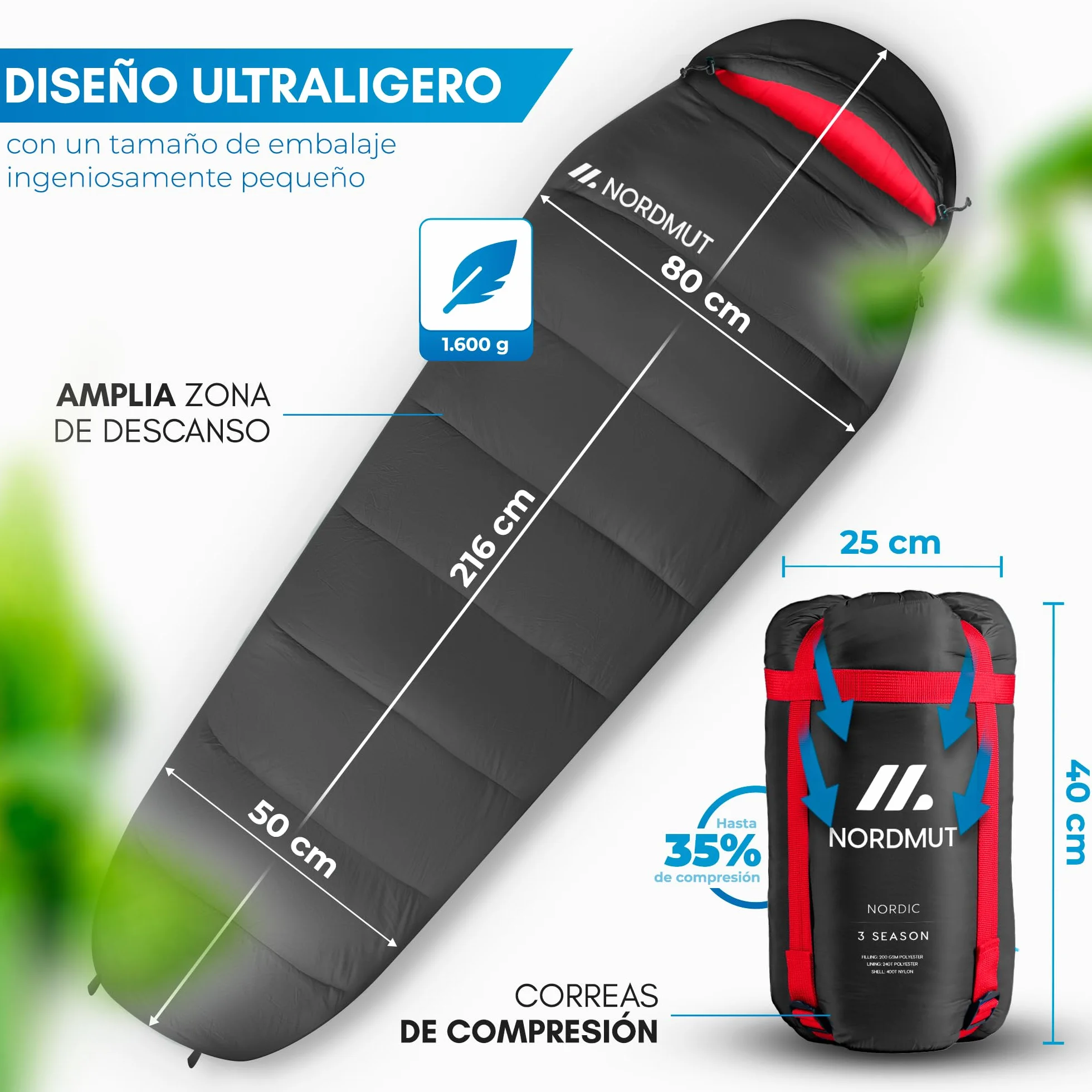 NORDMUT® Saco de Dormir Adulto Comfortable - Sleeping Bag Compacto y Ultraligero (900/1500 g) - 3 Estaciones (250 gsm) de Verano (100 gsm) campismo