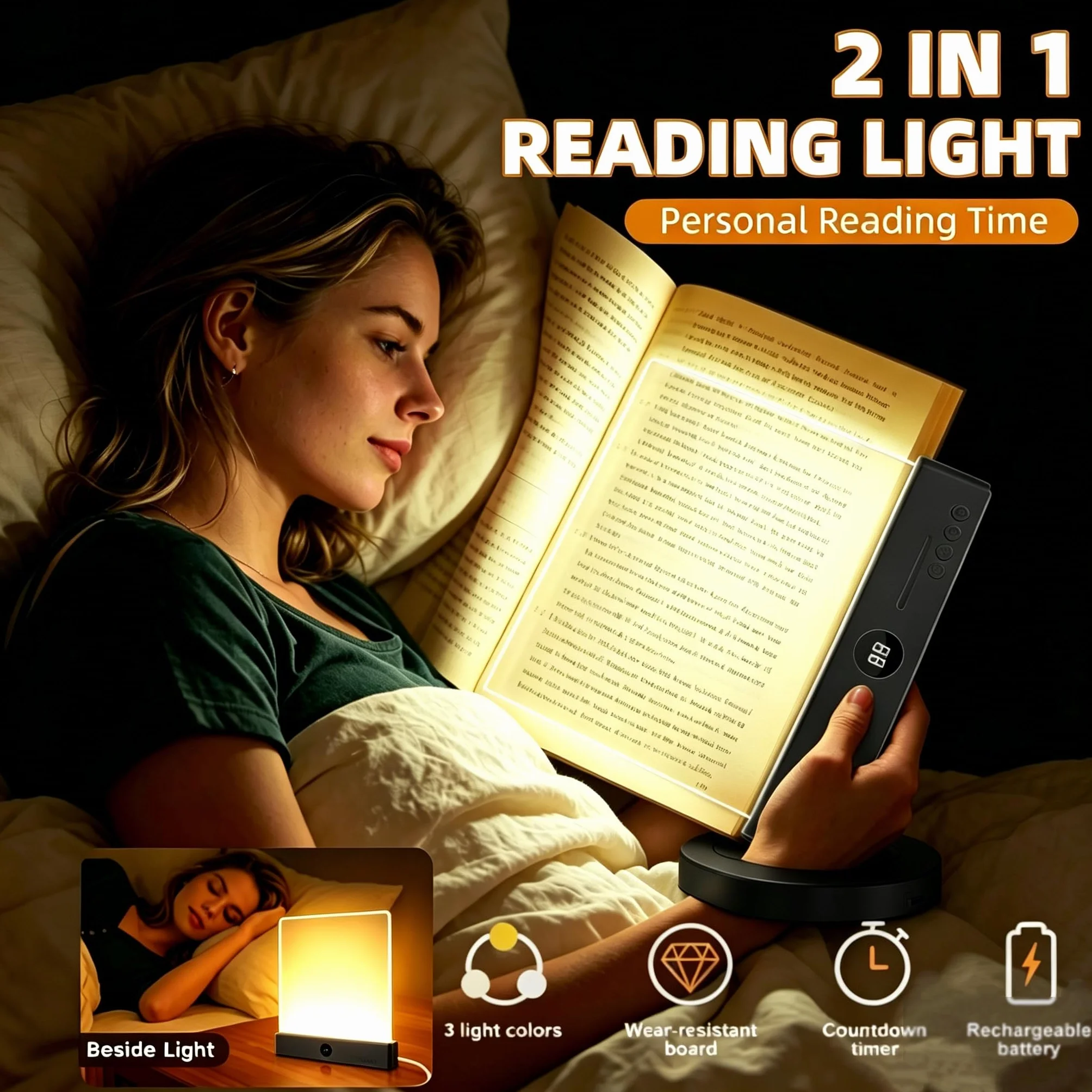 Luz Plana para Libros LED Recargable con Cronómetro y Luces de 3 Colores, Brillo Ajustable