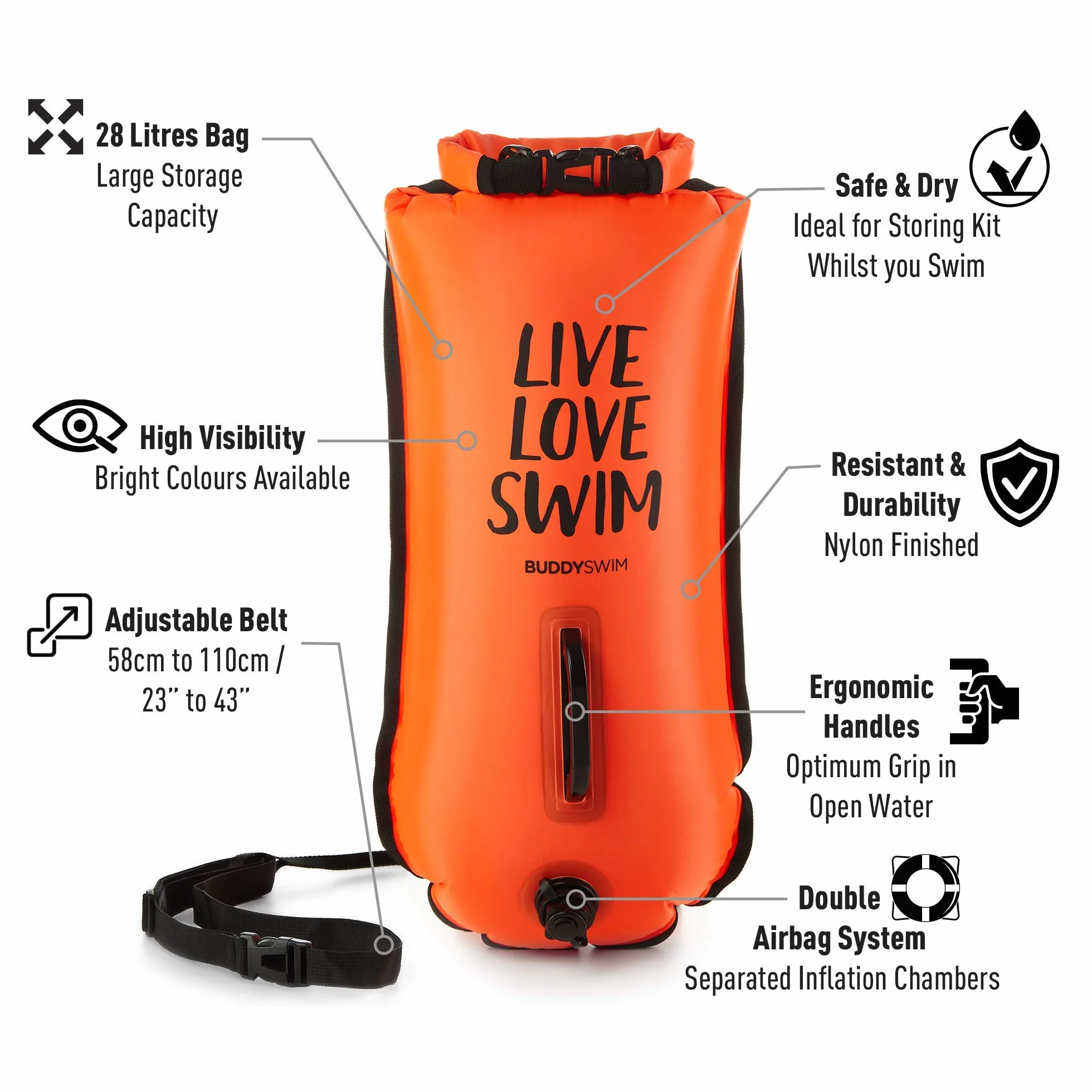 Boya Natación Aguas Abiertas 28 litros Gorro Silicona Set Seguridad Impermeable