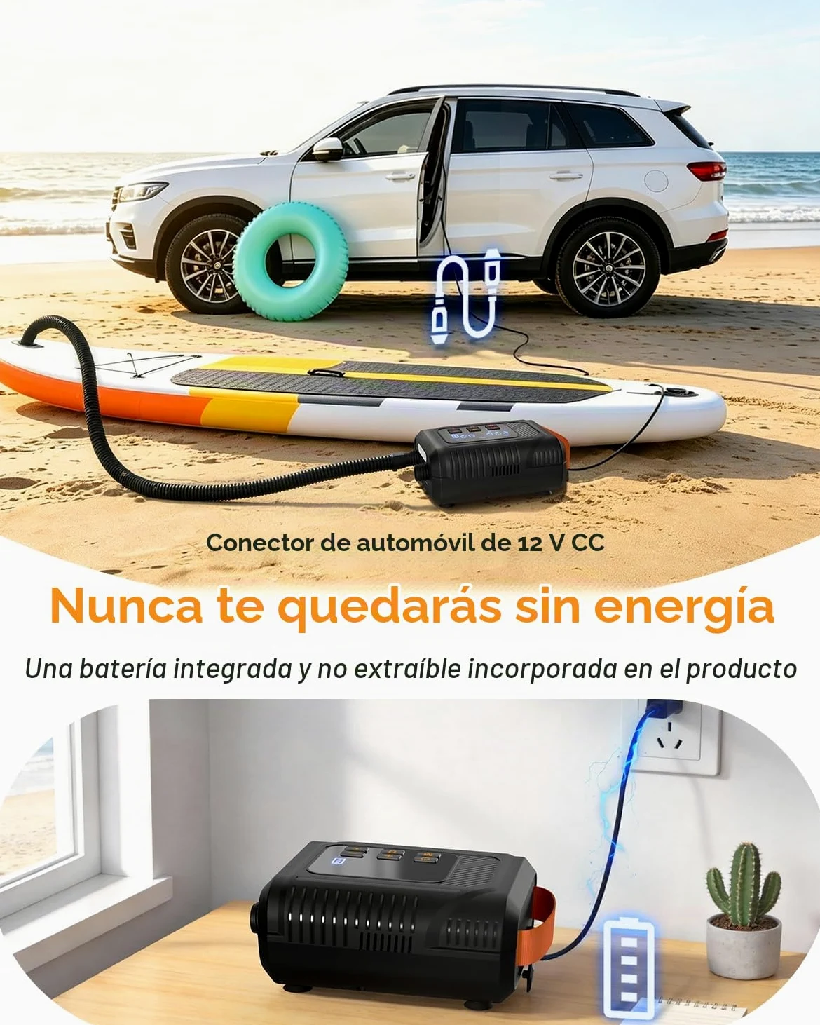 Bomba Eléctrica 20 PSI para Sup - Bomba Inteligente Recargable con Conector 12V, Inflado/Desinflado con Parada Automática - para Paddle, Kayak, Carpas, Colchonetas de Aire, Juguetes de Piscina