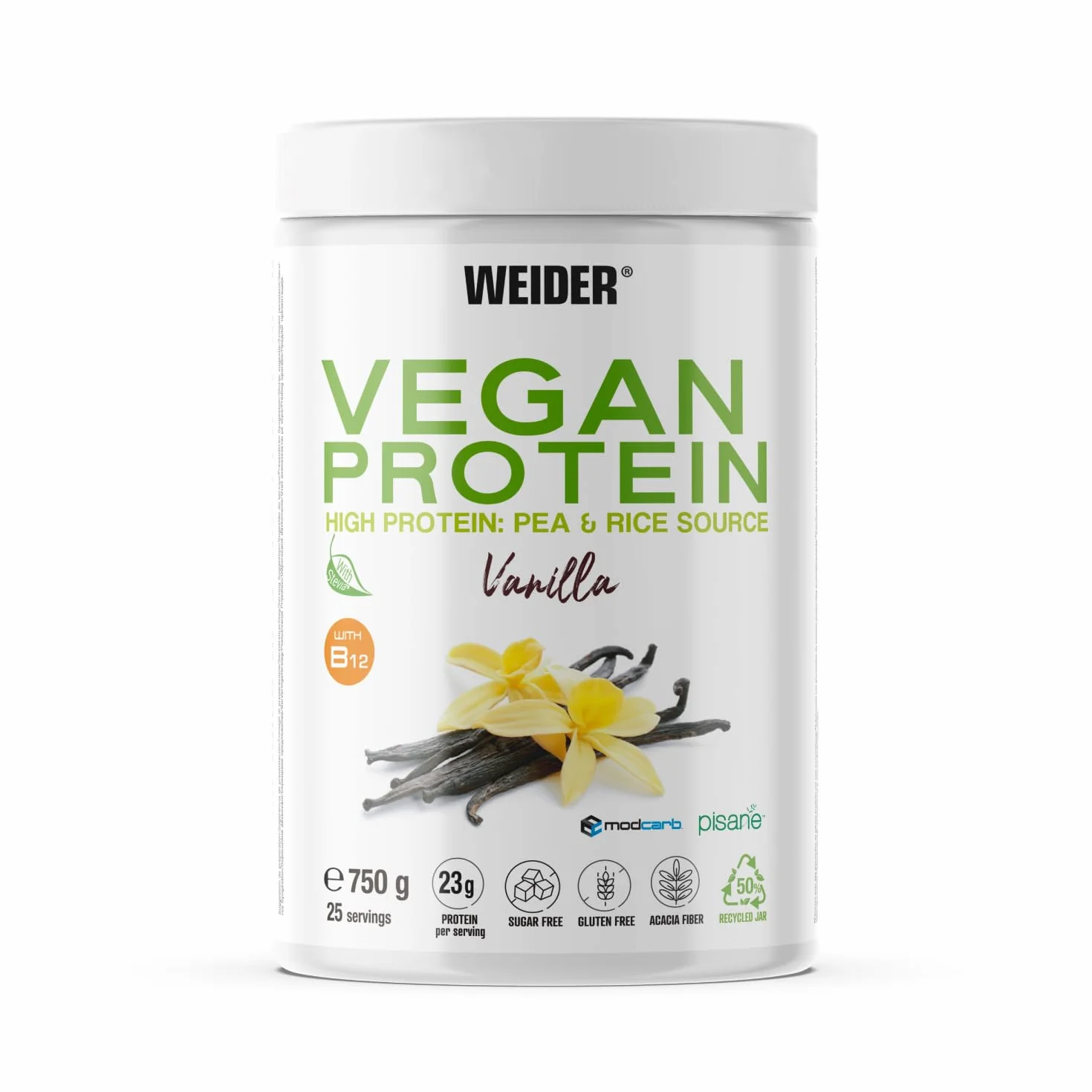 Weider Vegan Protein 750g Vainilla Proteína Vegana 23g Aislada Guisante Arroz Vitamina B12 Stevia Sin Gluten Sin Azúcar