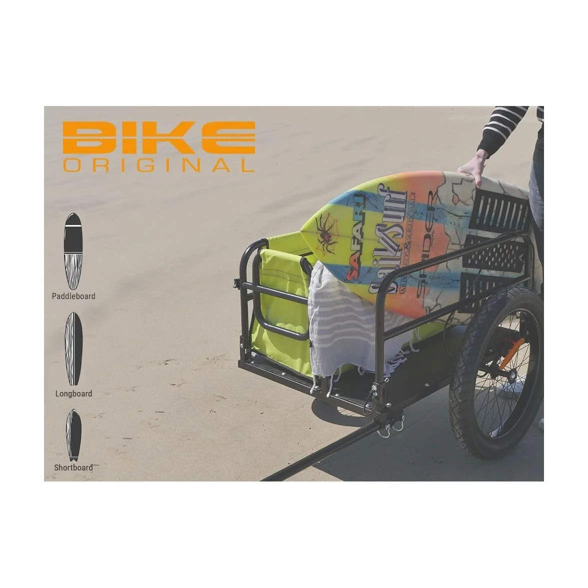 Bike Original – Remolque de bicicleta de playa – Aluminio plegable – Ruedas todoterreno de 20 pulgadas – Bolsa extraíble de gran capacidad – Carga máxima 60 kg – Fijación sobre eje rueda – Reflectores