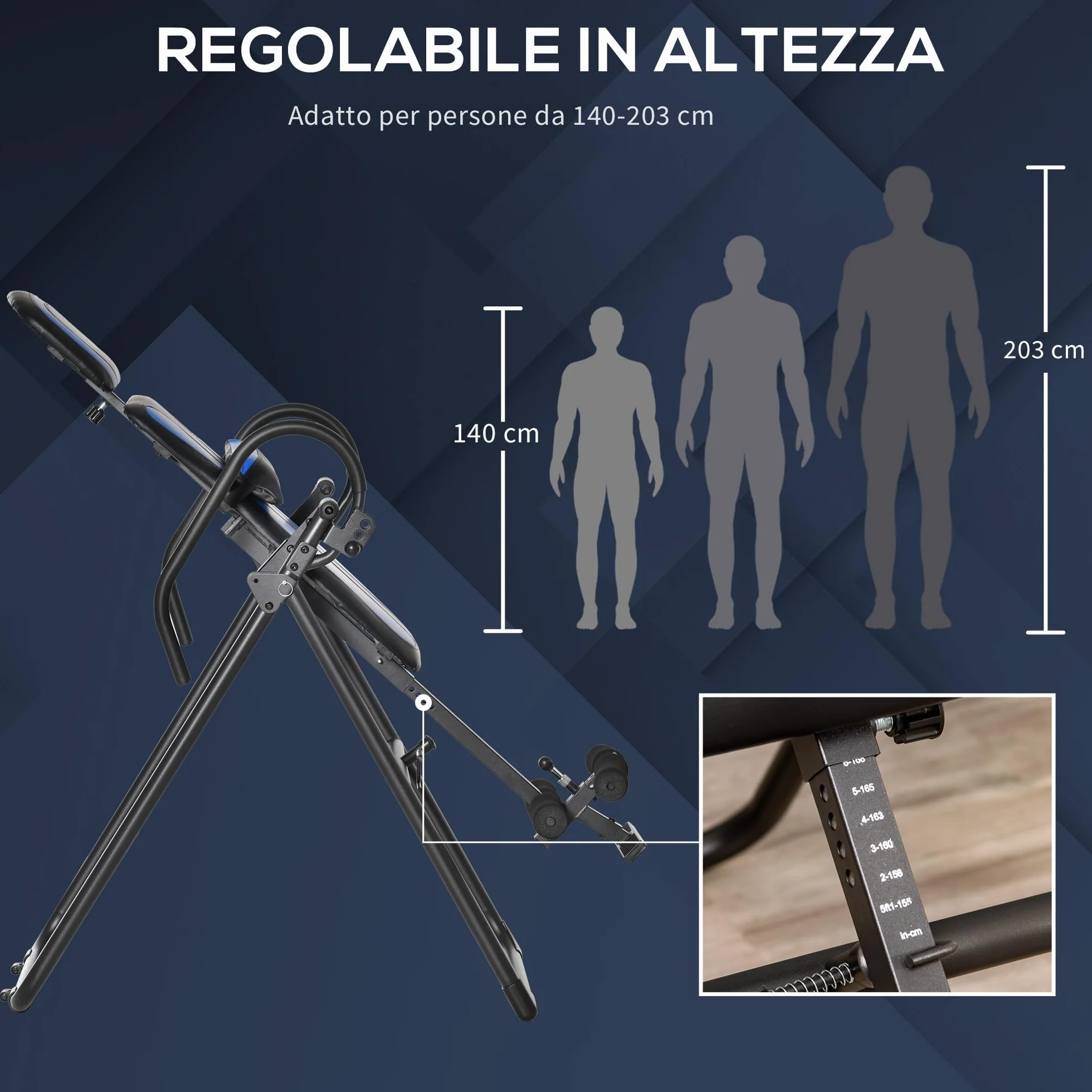HOMCOM Tabla de Inversión Plegable con Ruedas, Altura Ajustable 140-203 cm, Banco de Inversión con Cinturón de Seguridad y Soporte de Lumbar, para Aliviar Espalda y Mejorar la Circulación