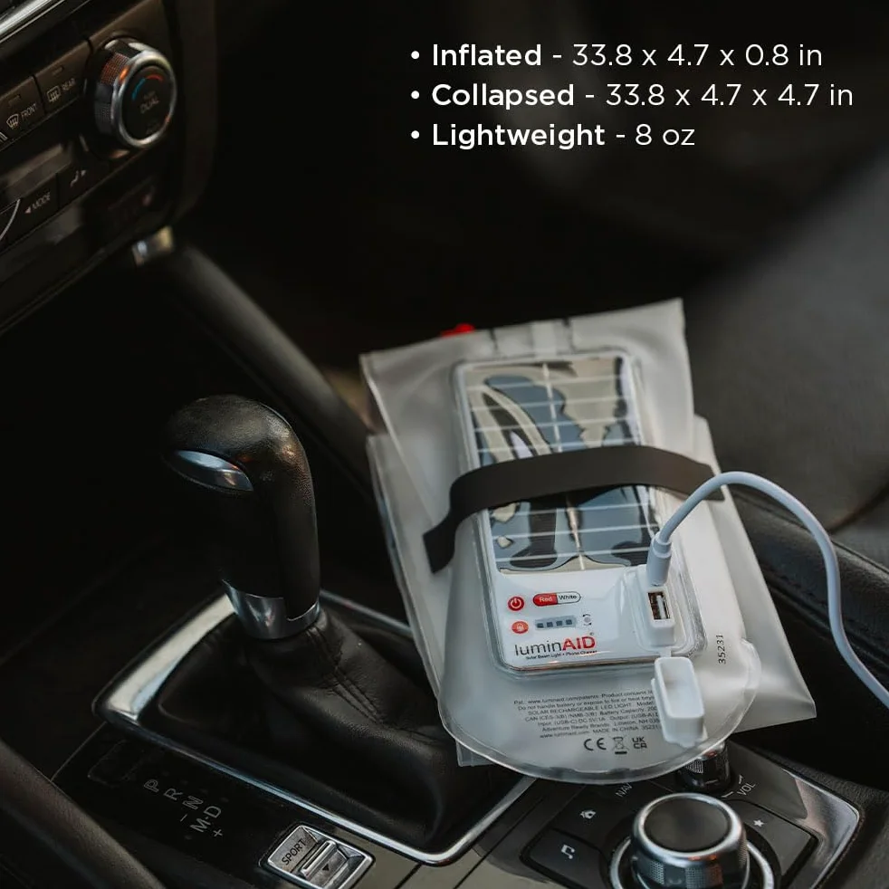 Luminaid Cargador de teléfono de haz solar de 200 lúmenes, color blanco frío o rojo, 5 ajustes de luz, incluyendo intermitente, 50 horas de tiempo máximo de funcionamiento, recargable a través de