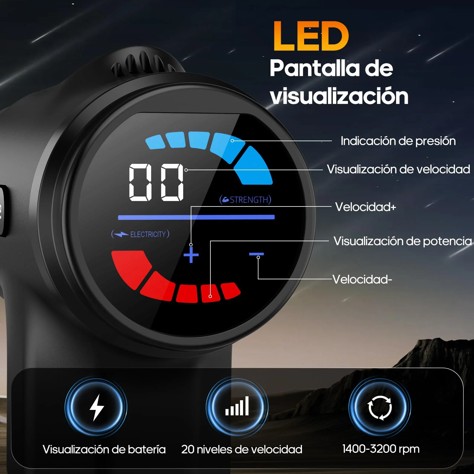AERLANG Pistola de Masaje Muscular con Calor – Masajeador Muscular Profundo 20 Velocidades 7 Cabezales Pantalla LED