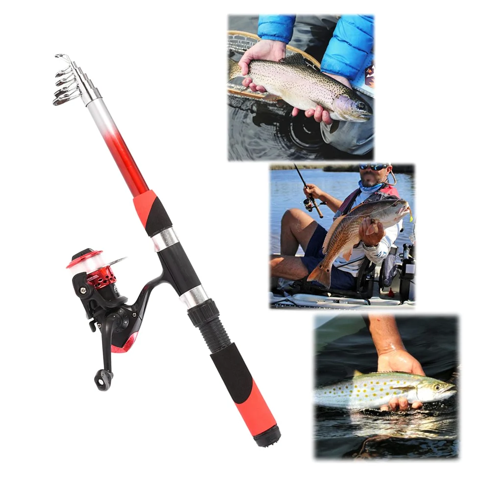 Kit Completo de Carrete de caña de Pescar con 2 cañas de Pescar telescópicas de 2,1 m, 2 carretes giratorios, señuelos de Pesca, anzuelos, Accesorios, bols,Combo de caña de Pescar y Carrete