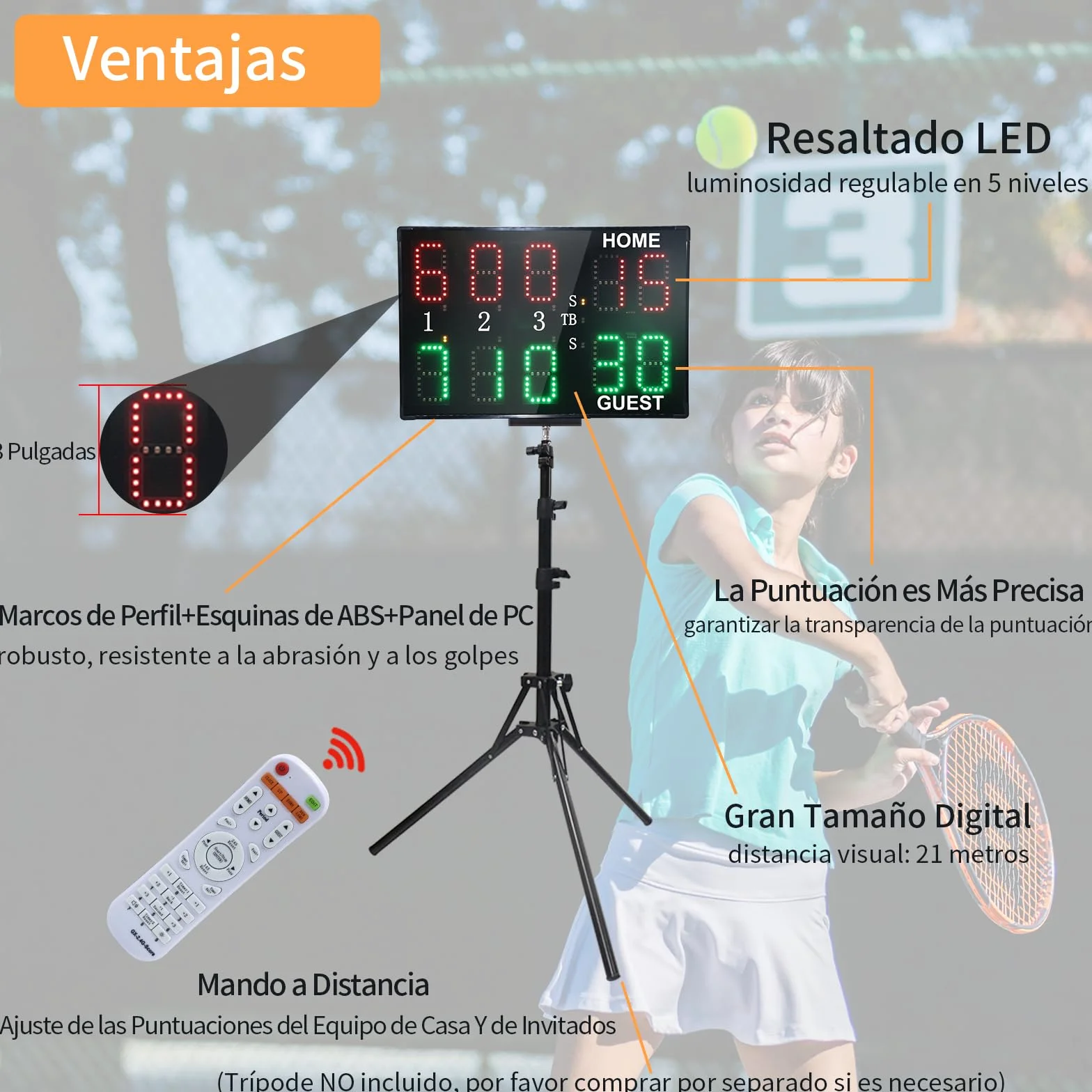 Marcador Digital LED Portátil 10 Dígitos para Tenis y Padel con Control Remoto