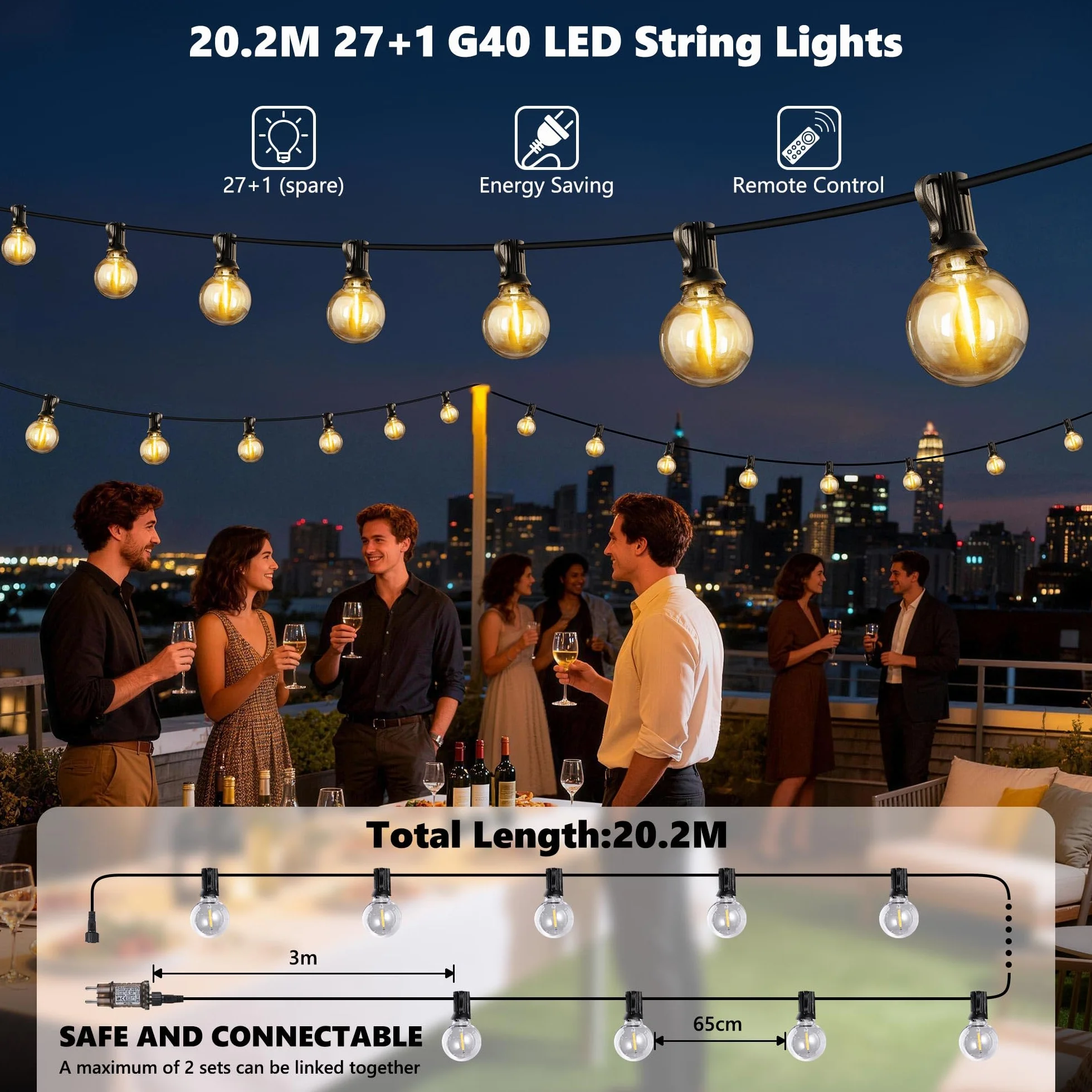 Joomer 20M Guirnaldas Luces Exterior G40 Bombillas 3 Modos Impermeable LED Con Enchufe