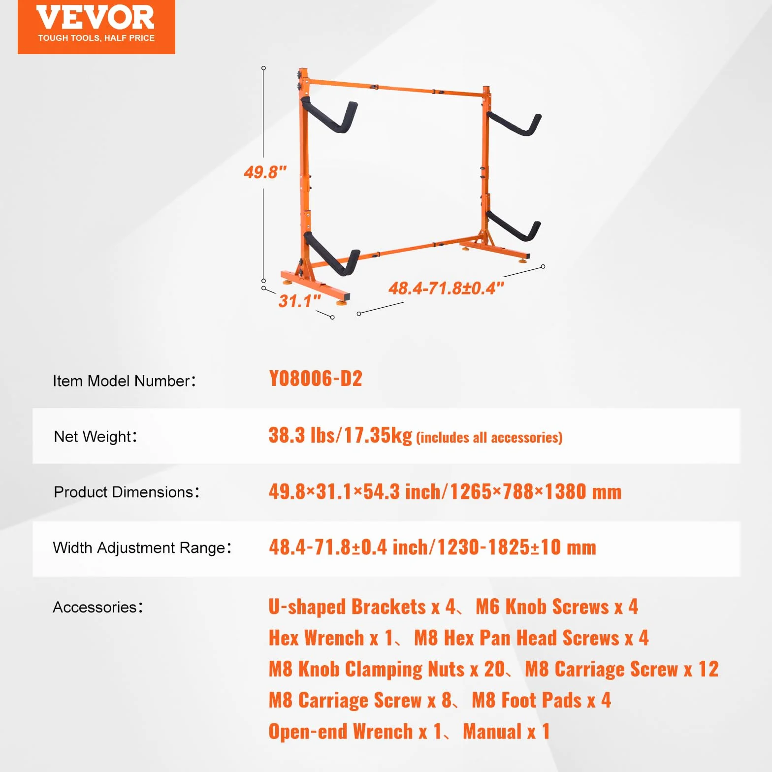 VEVOR Soporte para Kayak Independiente, 2 Piezas de Capacidad, Porta Kayak, Remo para Canoa, Soporte para Tabla de Remo de Acero Resistente con Brazos Acolchados, Ancho Ajustable, Carga 79 kg