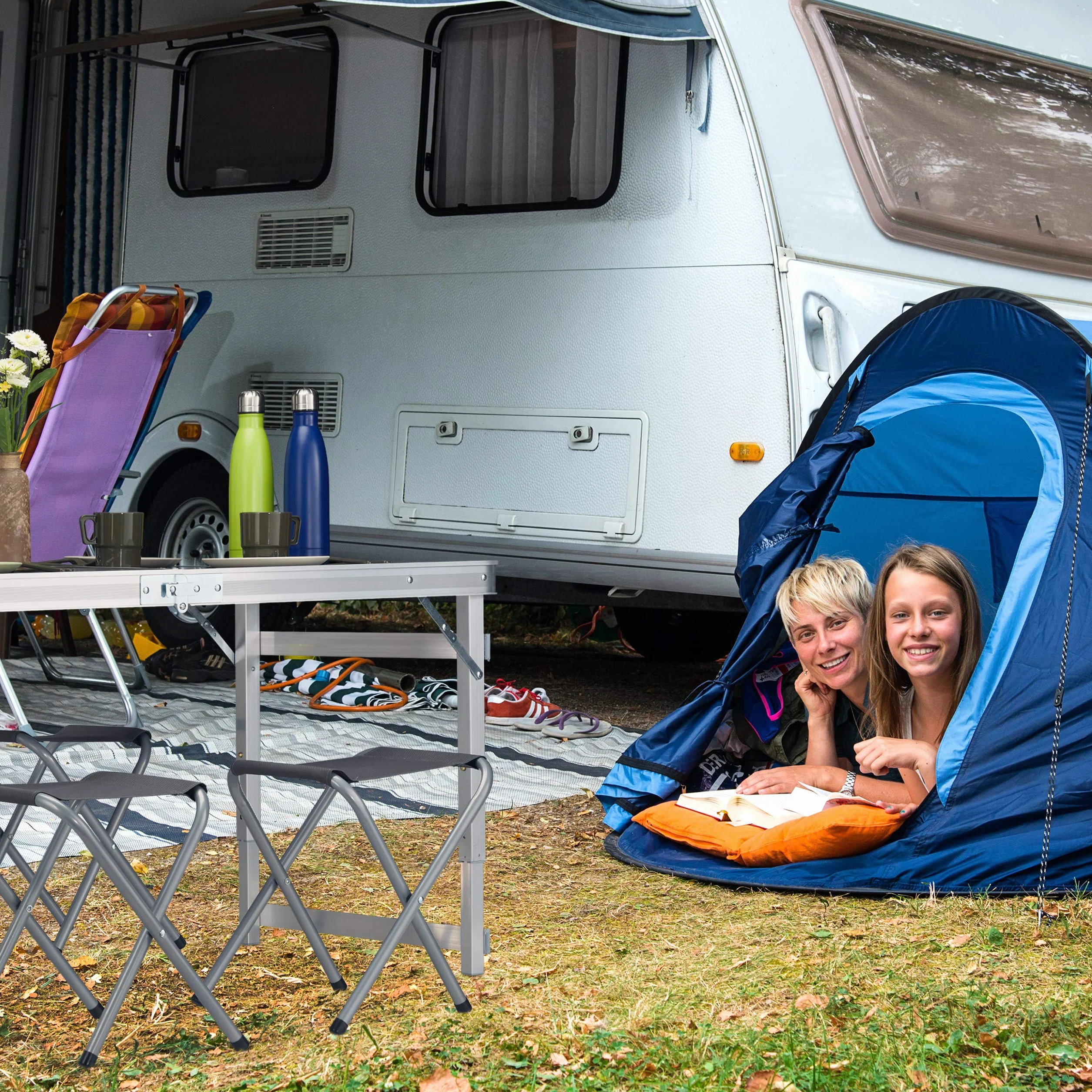 Relaxdays Set Muebles Camping, Plegable, 4 Sillas, Mesa, Altura Ajustable, 120 x 60 cm, Aluminio, MDF, Plateado/Gris