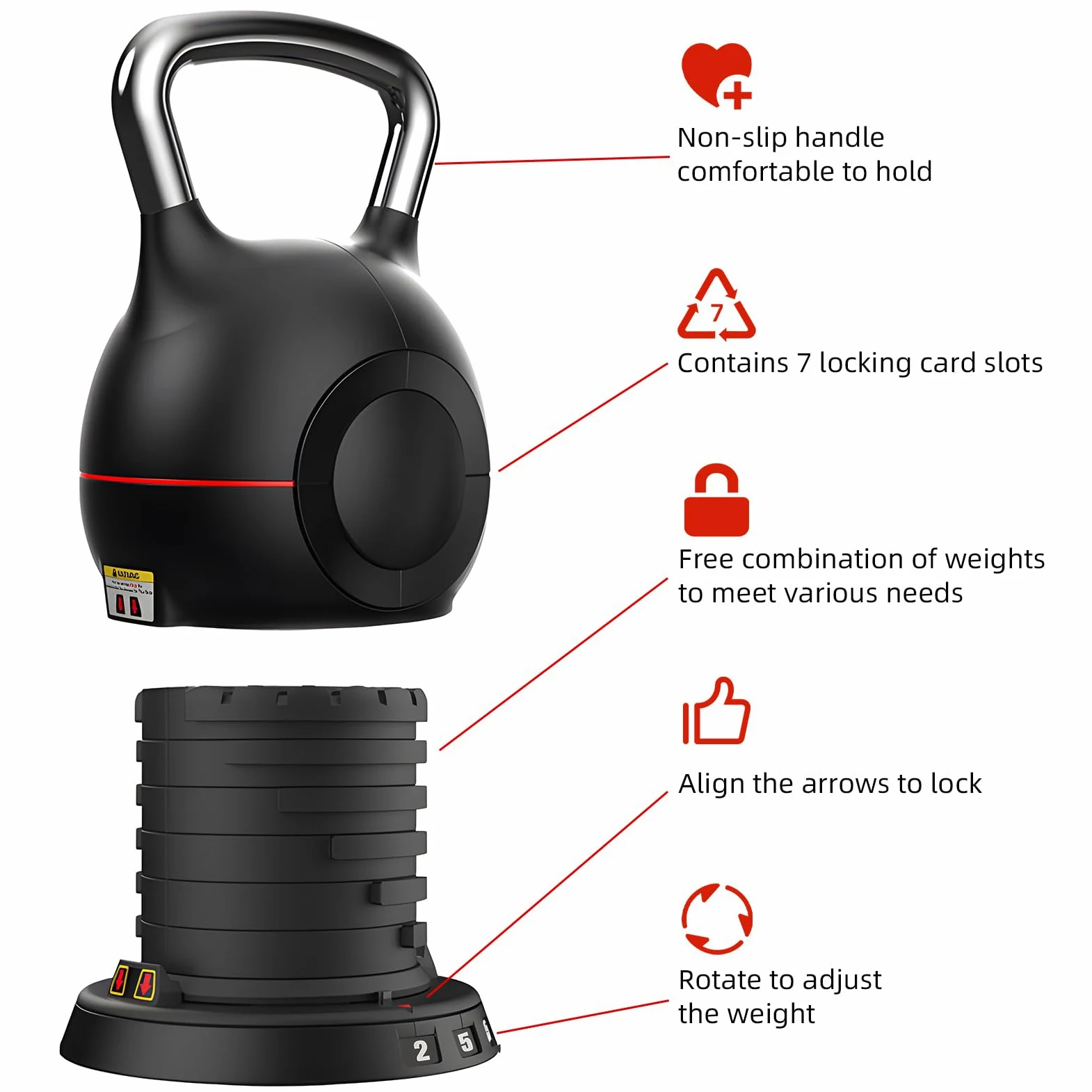 Pesa rusa ajustable, 7 en 1 de 2 a 20 kg, mango de aluminio sólido, ajuste rápido de peso para gimnasio en casa, adecuado para entrenamiento de fuerza de personas en todas las etapas.