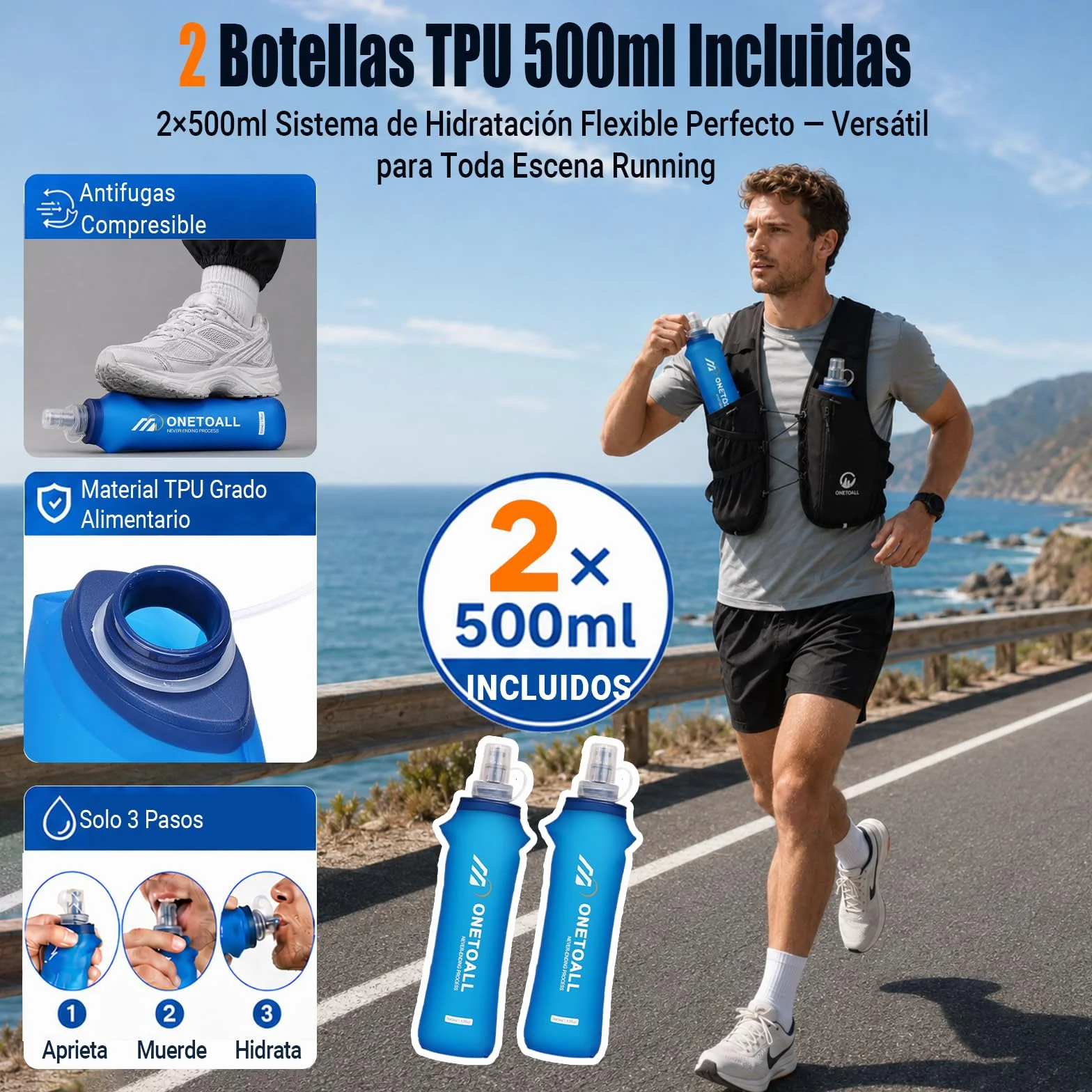 Chaleco Hidratacion Trail Running para Hombre Mujer con 2× Soft Flask 500ml y Luz LED Recargable Ultraligero