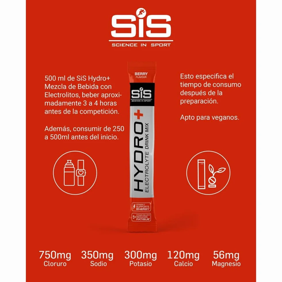 Science in Sport HYDRO+ Electrolyte Drink Mix 20x4,5g Frutos del bosque Electrolitos en polvo veganos