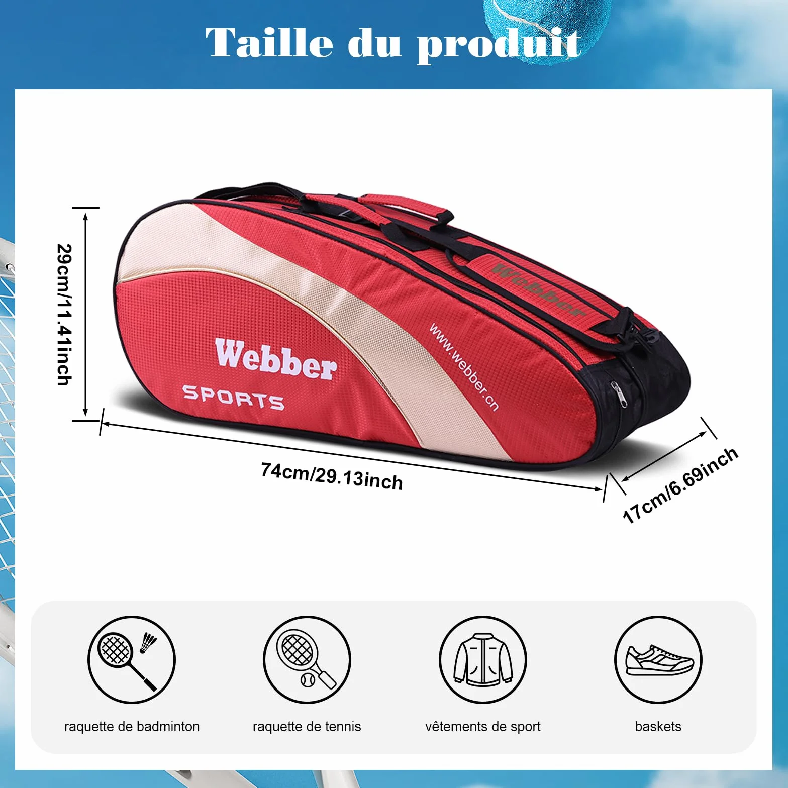 Bolsa de raqueta de bádminton con organizador de 3 a 6 raquetas de nieve, impermeable, bolsa de transporte de tenis portátil con almacenamiento de calzado, ropa, bolsa de hombro de gran