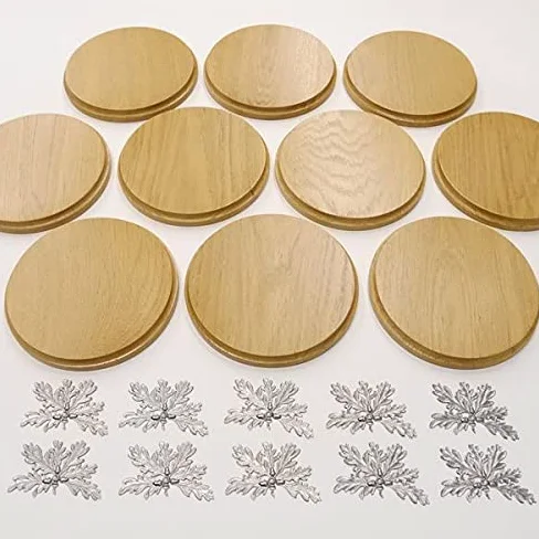 GTK Oferta 10 placas de cuña redondas de roble claro AF 17 cm, tabla cuña, tabla de especias, letrero de trofeos con 10 hojas de roble, portada de 6 hojas