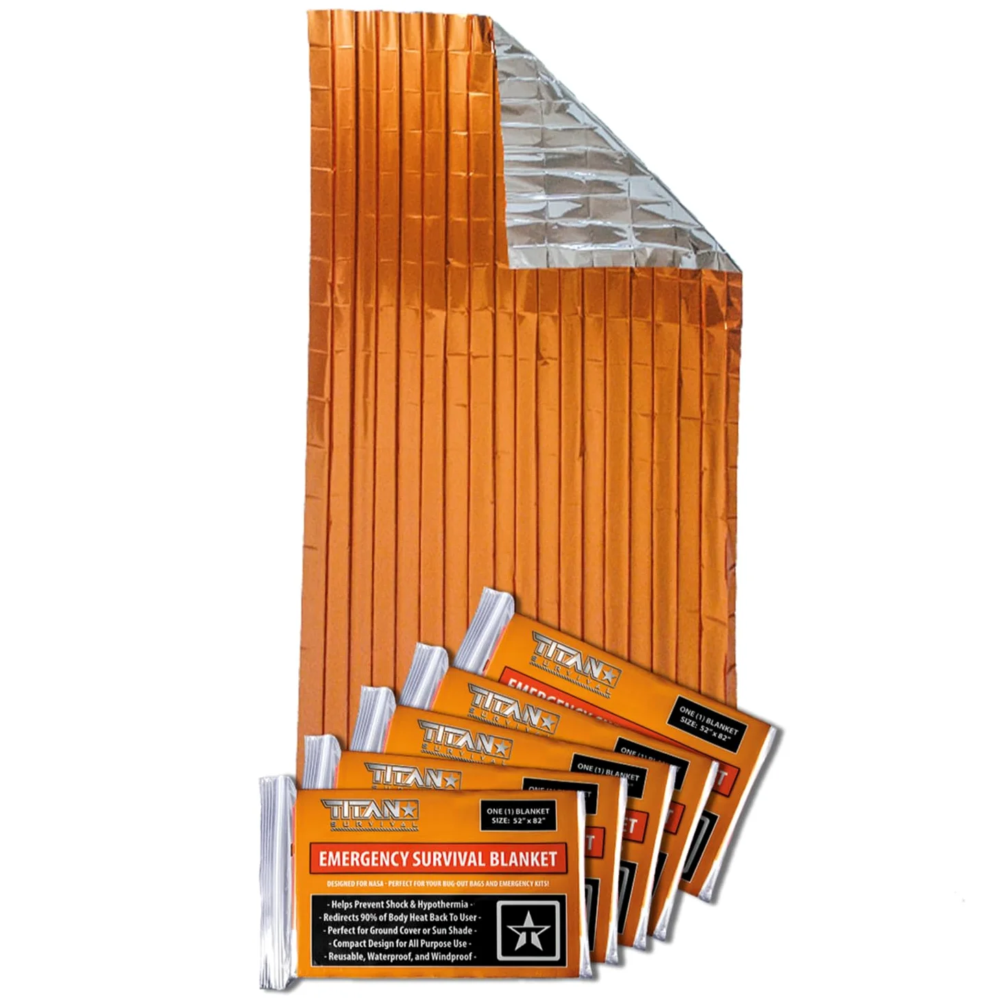 TITAN Survival Mylar - Paquete de 5 mantas de supervivencia de 70 x 90 pulgadas, XL, 90% de retención de calor y diseño impermeable, manta de emergencia, protección para clima frío y kits de