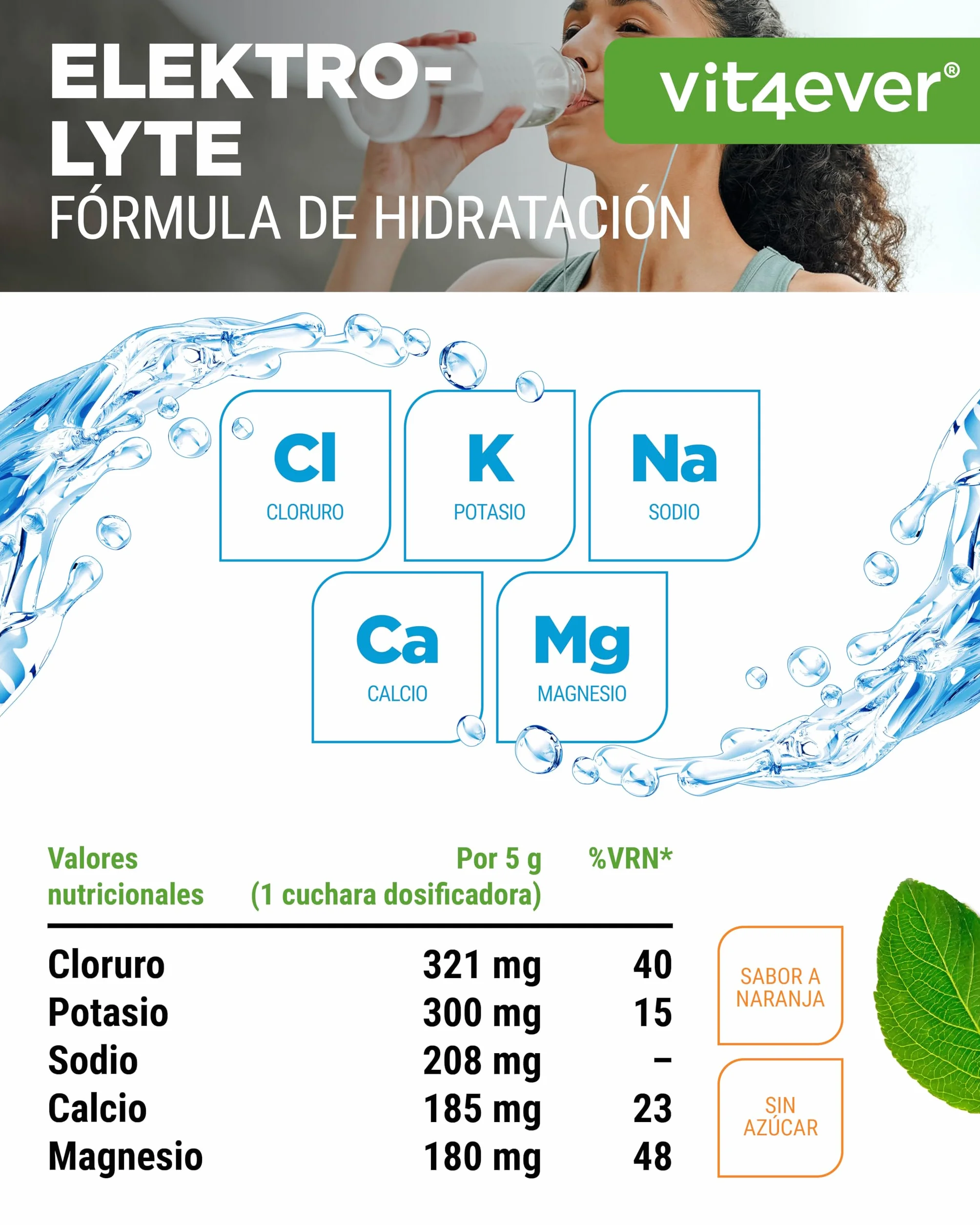 vit4ever Electrolitos 200 g 40 Porciones Fórmula de Hidratación Sin Azúcar Vegano Sabor Naranja