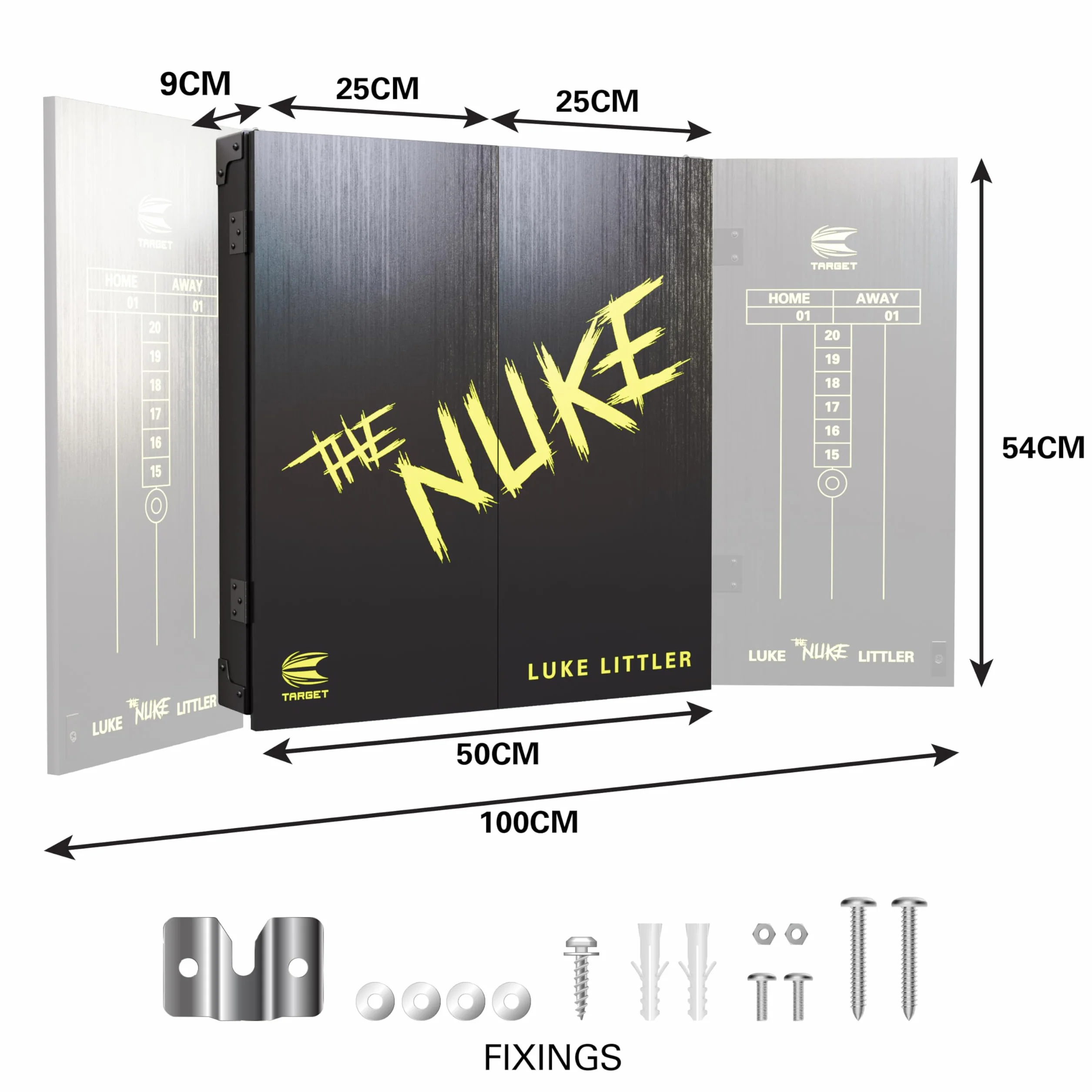 Target Darts Juego de Diana y Armario para Jugadores | Luke Littler/Dimitri Van den Bergh/Gabriel Clemens | Armario para Diana con 2 Juegos de Dardos con Punta de Acero, Tablas de Puntuación, Línea