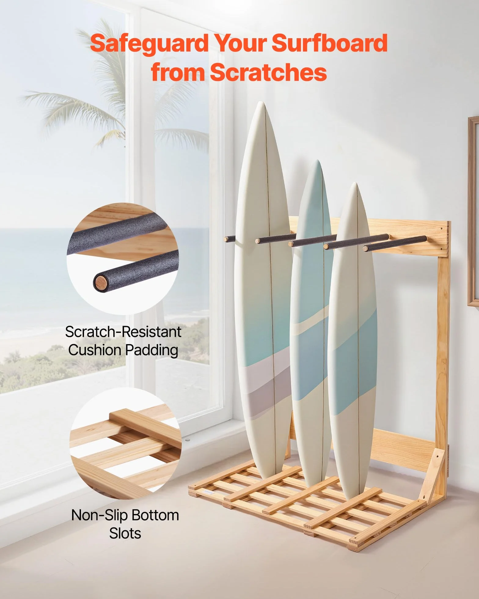 VEVOR Soporte Vertical para Tablas de Surf, Estante de Madera de 4 Niveles para Almacenamiento y Exhibición