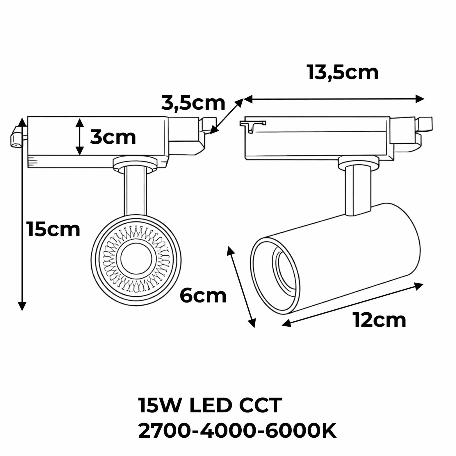 Alpinaluz Foco LED Carril Monofásico 15W 1500lm CCT Seleccionable 2700K-4000K-6000K Negro Mate 40°