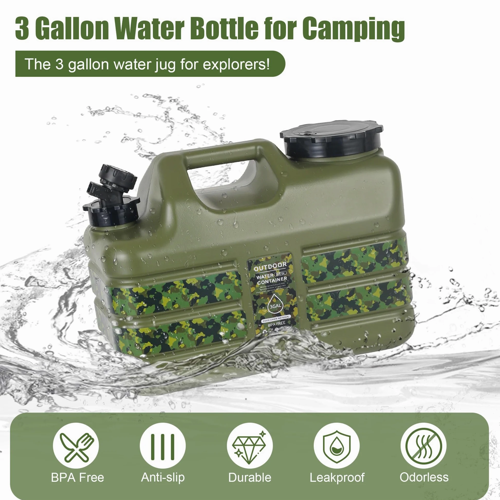 ASIEIT Bidón de Agua con Grifo de 11L, Bidón de Agua para Camping, Tanque de Agua Portátil Multiusos sin BPA, Tanque de Agua para Camping con Asas, Bidón Antifugas, para Emergencias y Exteriores