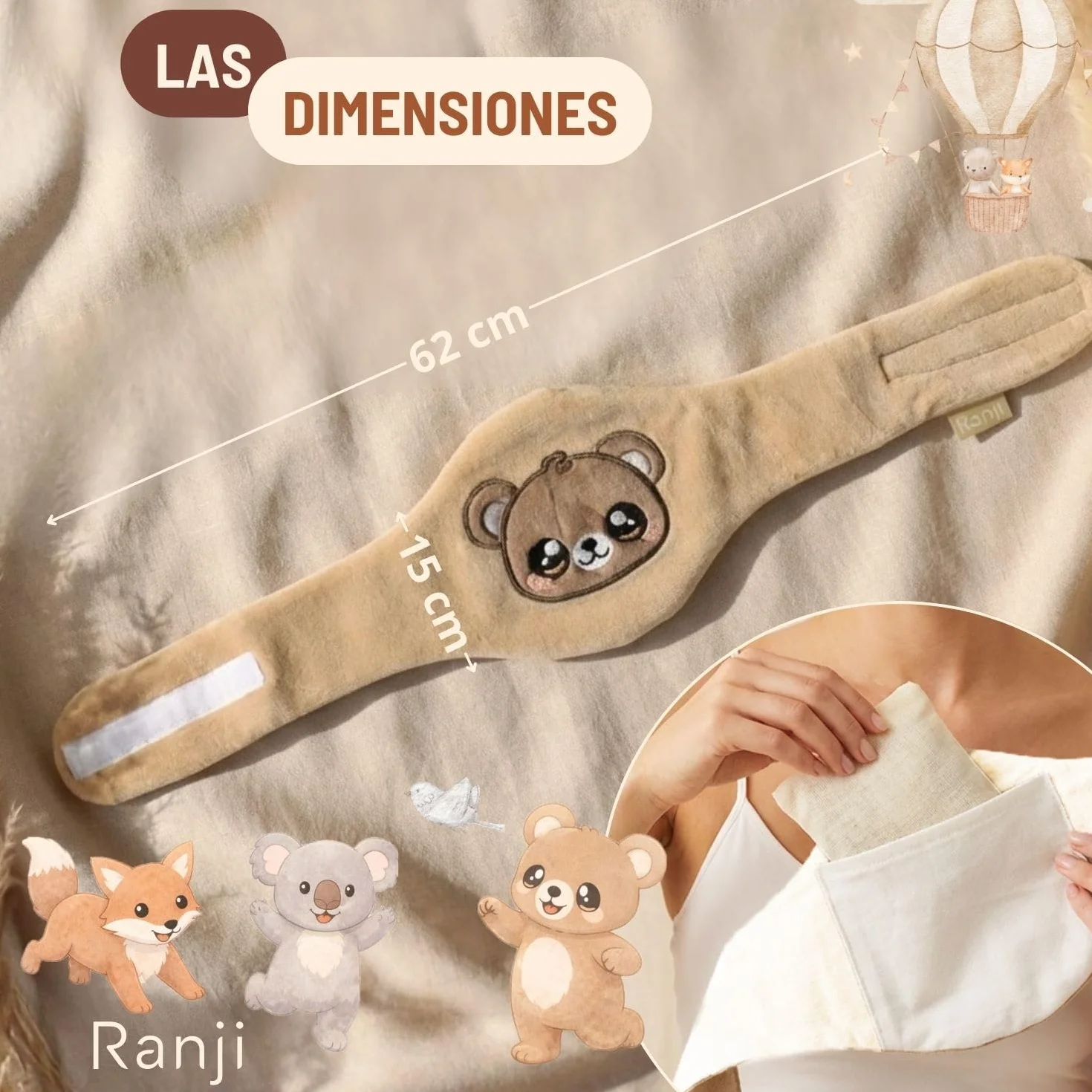 Cinturón Anticólicos Bebé con Huesos de Cereza - Saquito de Semillas para Cólicos Bebé Recién Nacido, Algodón Orgánico GOTS & Certificación OEKO-TEX, Apto Microondas (Osito)