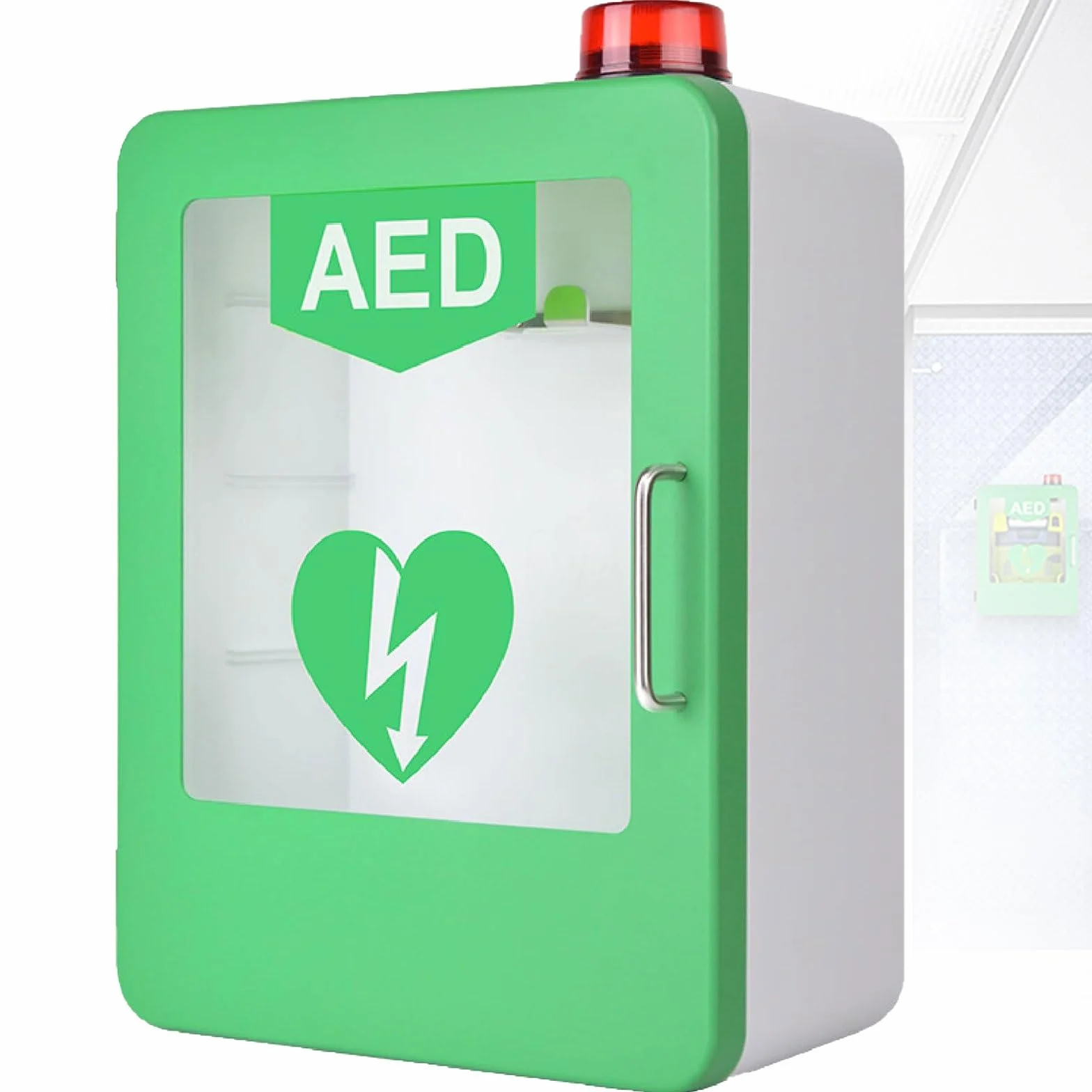 Caja de alarma desfibrilación cardíaca montada en pared, gabinete almacenamiento DEA con luz y alarma, interruptor doble, estuche primeros auxilios