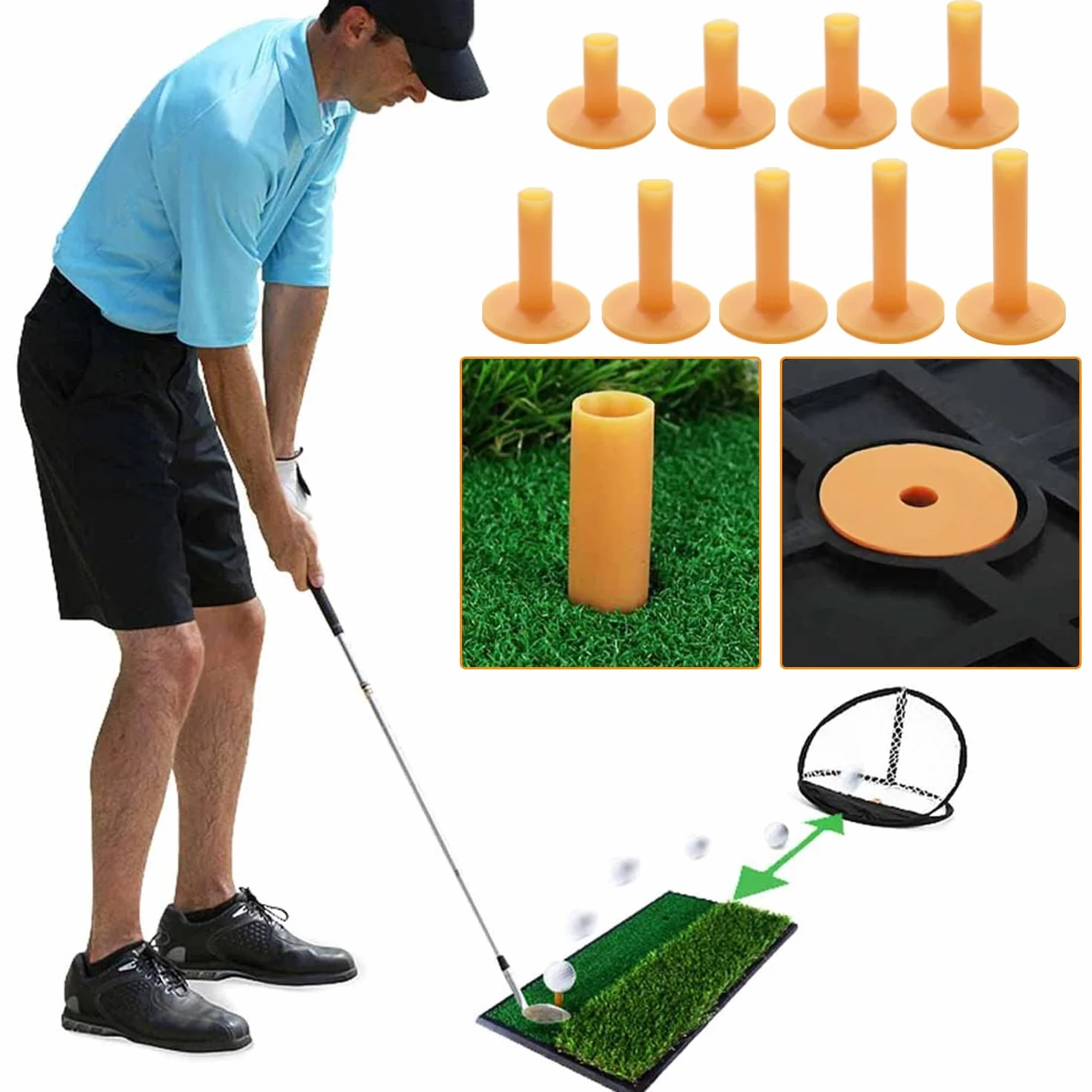 9 piezas de goma de golf Tees de Golf Tees 9 diferentes tamaños 35 mm/42 mm/54 mm/60 mm/65 mm/70 mm/75 mm/80 mm/83 mm, con 2 bolas perforadas de colores aleatorios (amarillo té)