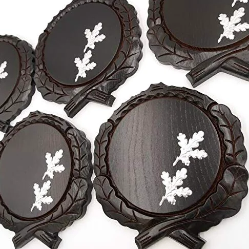 GTK - Juego de 5 placas cuña talladas oscuras AF 17,5 cm con 10 hojas de aluminio de roble, portada de cuñas, tabla de especias, cartel para trofeos