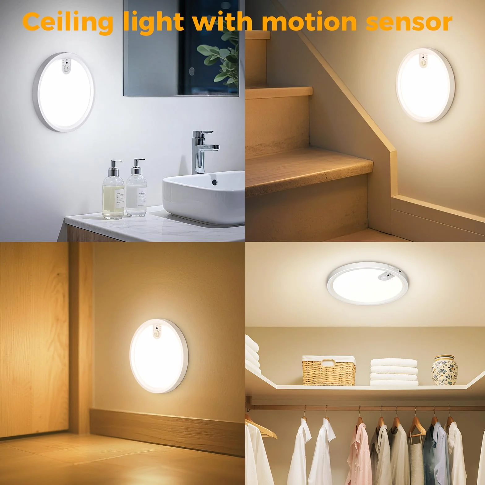 Plafon con Sensor de Movimiento, Bateria Recargable 7000mAh, 3 Temperaturas de Color, Regulable Brillo, Control Remoto Temporizador