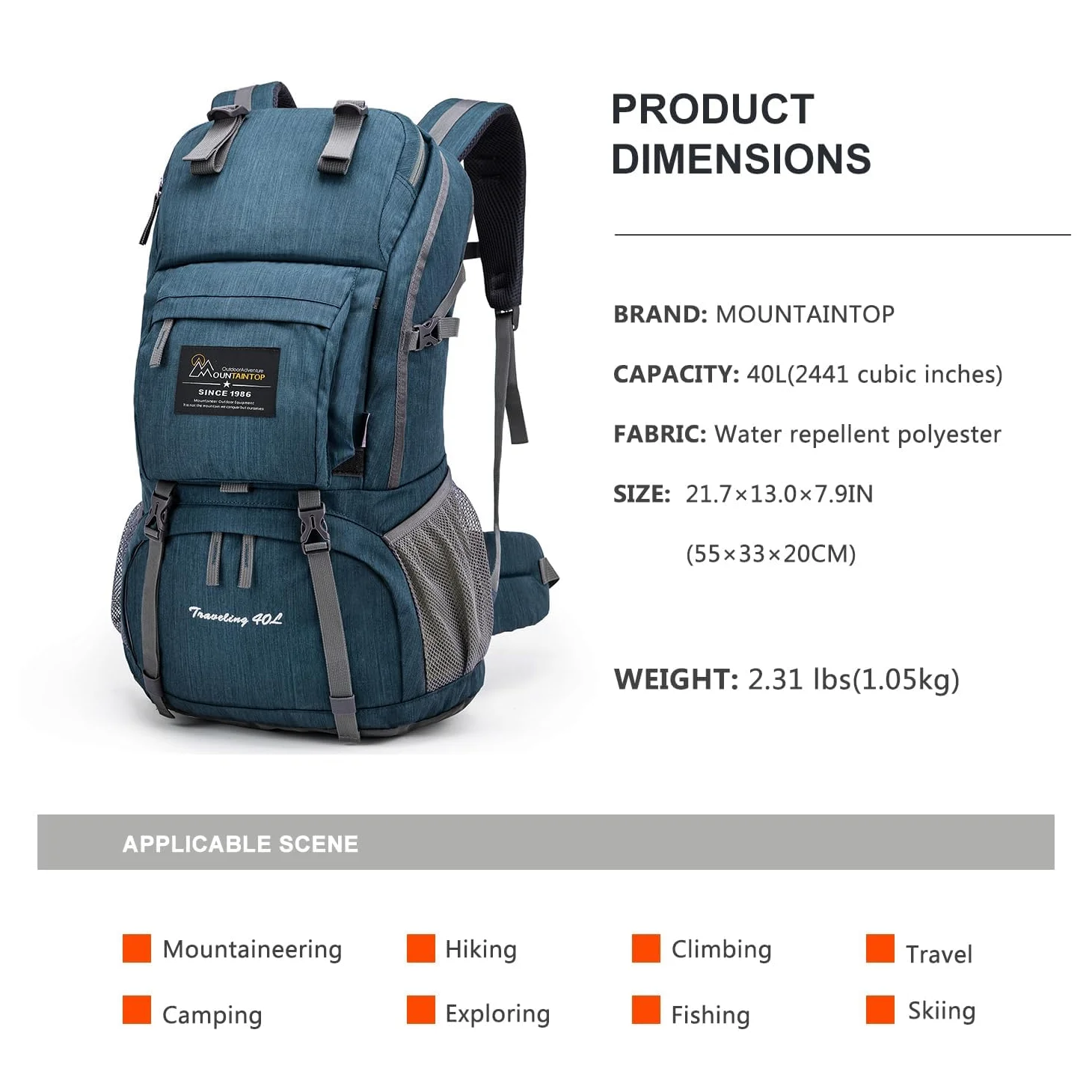 MOUNTAINTOP Mochila de senderismo de 40 litros para mujeres y hombres, para viajes al aire libre, camping, mochila de día con cubierta para la lluvia, 21.7 x 13 x 7.9 pulgadas, color azul ahumado