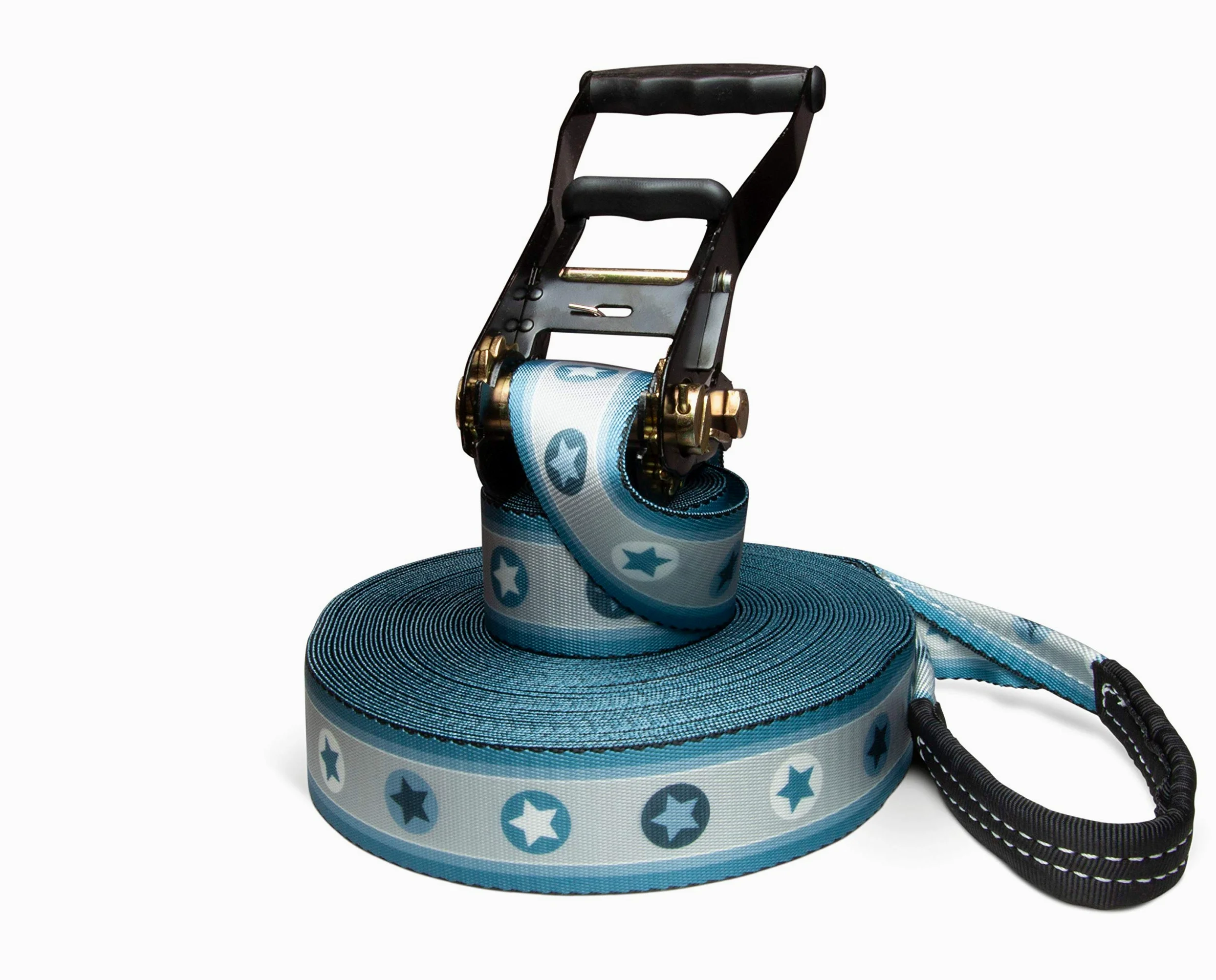 Slackline - Set de 25 Estrellas Azules (25 Metros de Largo, para niños, Principiantes y familias, Incluye Cuerda de sujeción y Bolsa de Transporte)