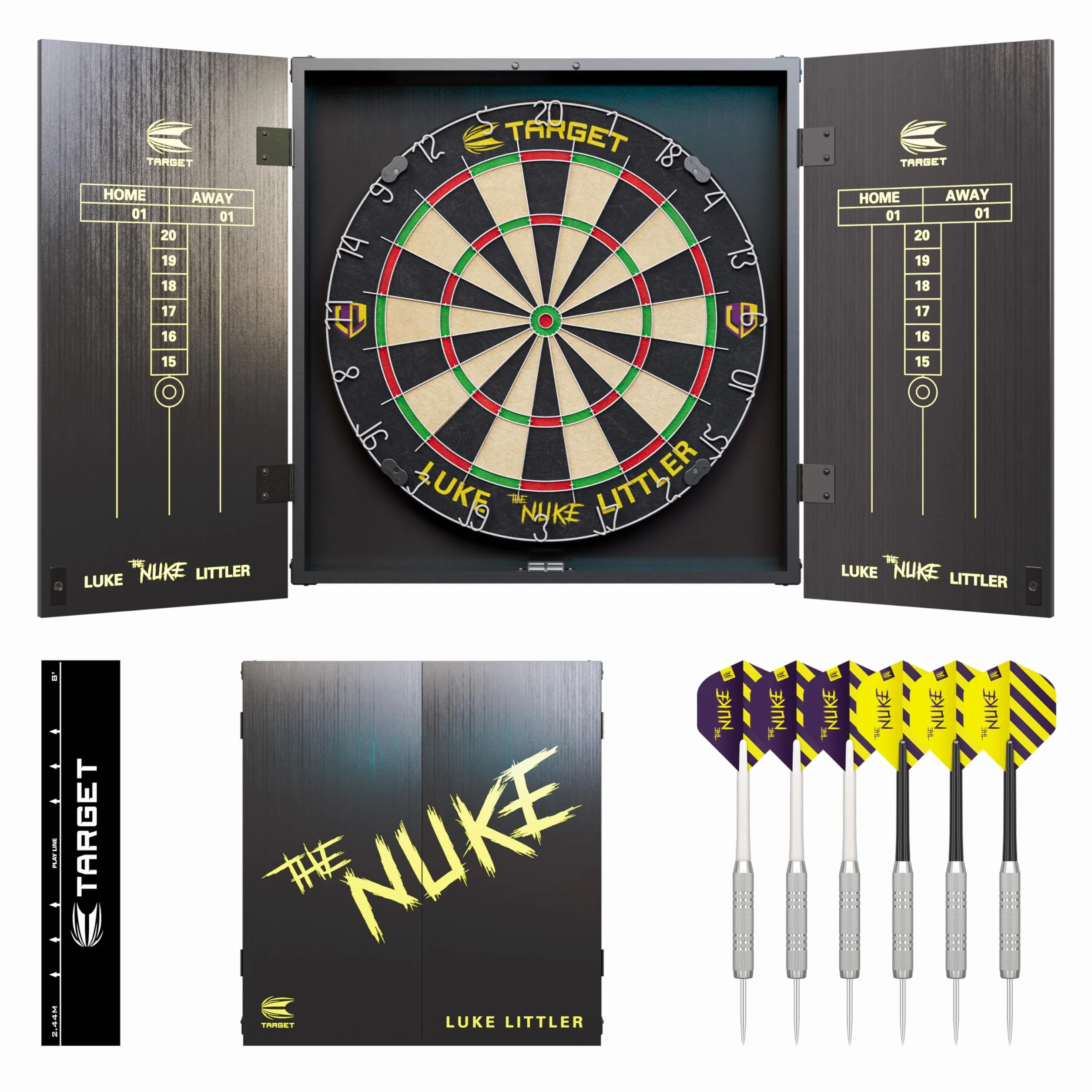 Target Darts Juego de Diana y Armario para Jugadores | Luke Littler/Dimitri Van den Bergh/Gabriel Clemens | Armario para Diana con 2 Juegos de Dardos con Punta de Acero, Tablas de Puntuación, Línea