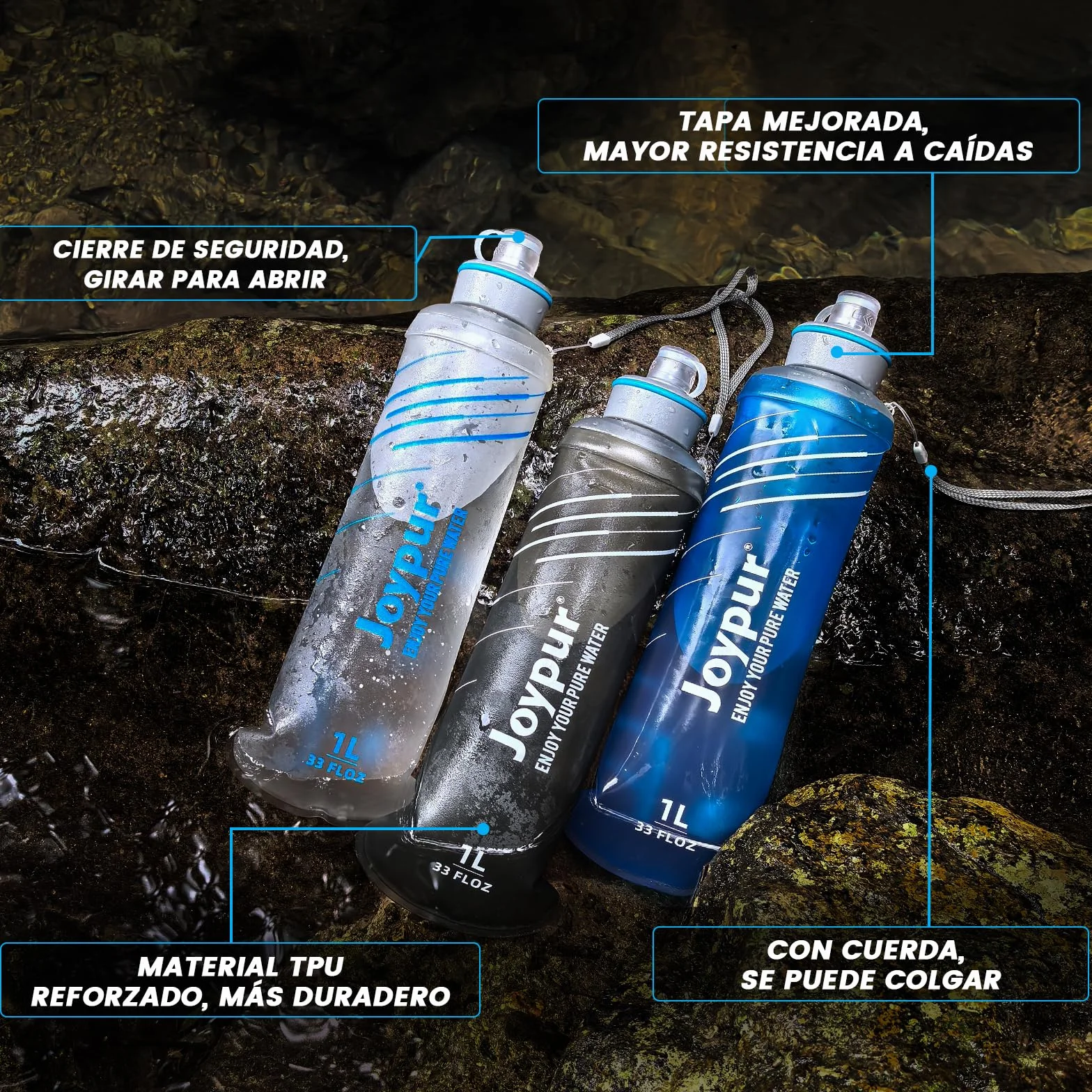 Botella Plegable Filtro de Agua 1000ml 0.01µm 5000L Ultraligero 100g para Acampar Senderismo Mochila Viajes Blanco