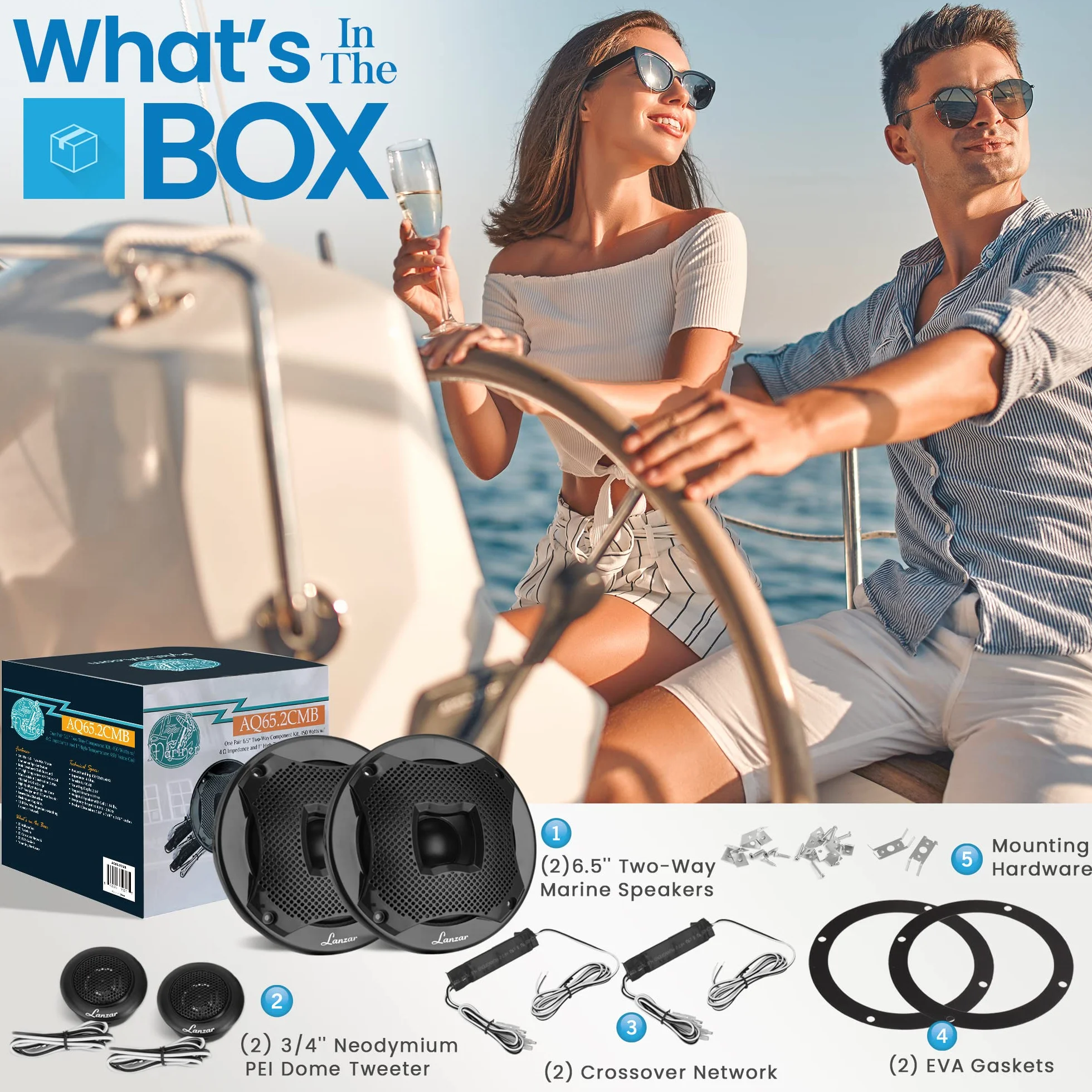 Sistema de altavoces marinos de dos vías, un par de altavoces de componentes marinos de 6.5 pulgadas, potencia máxima de 450 vatios con impedancia de 4 ohmios, impermeable, capacidad de montaje