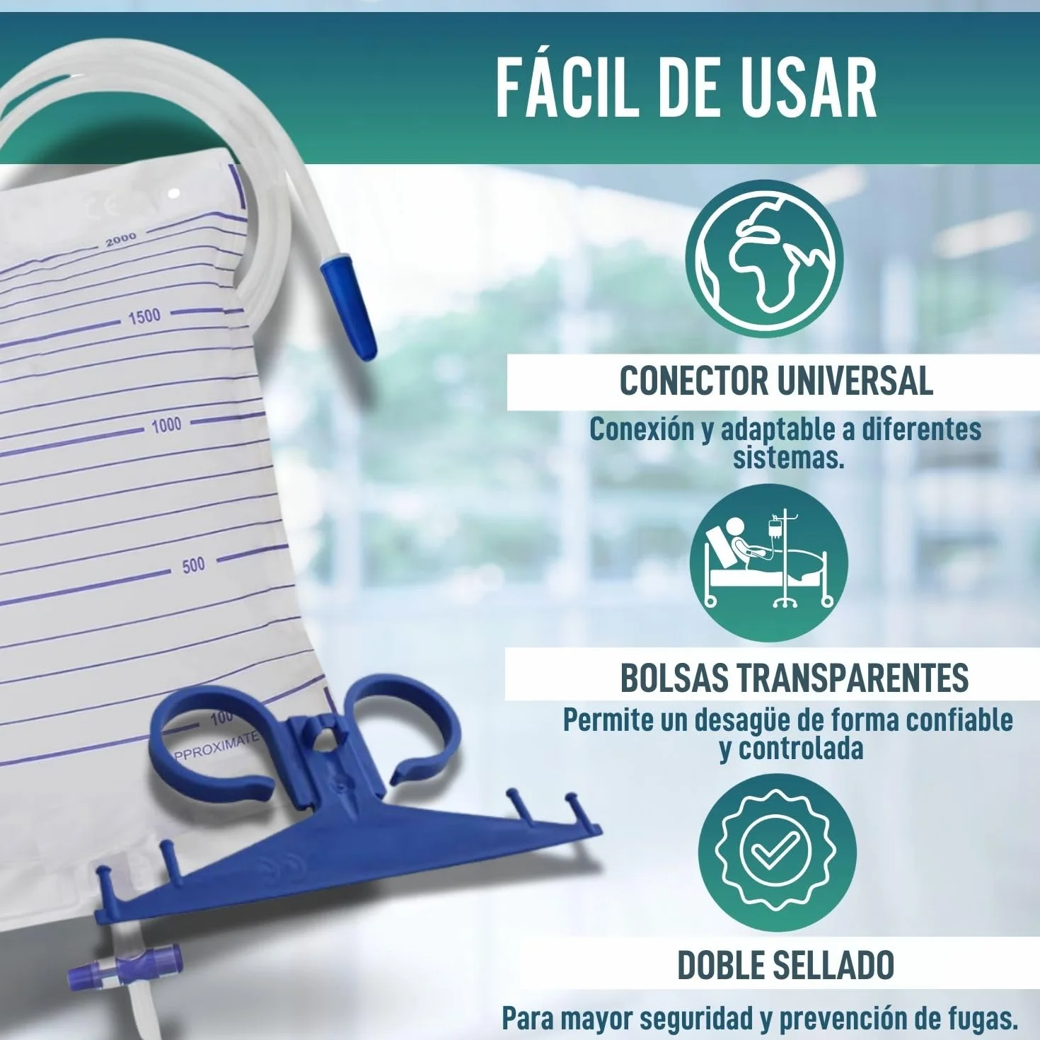 OrtoPrime Bolsa de Orina 2 Litros Válvula Antirreflujo Grifo Tubo 120cm Pack 25 Unidades