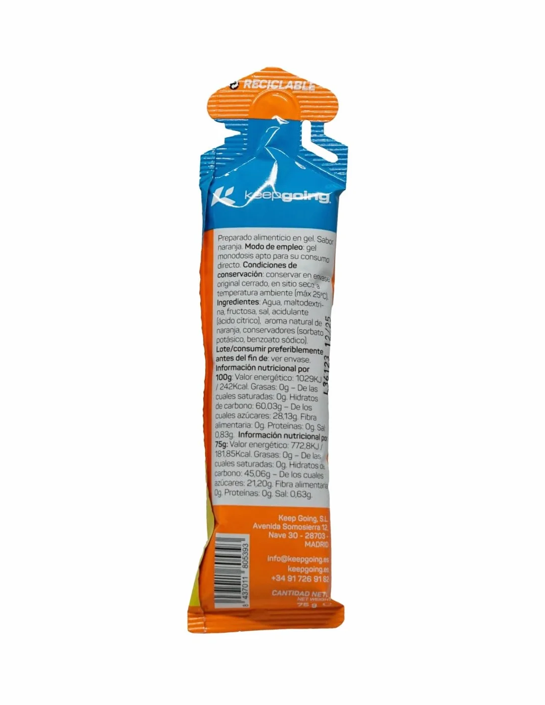 Keepgoing EnergyPro Gel Energético Naranja 12 x 75g Maltodextrina Fructosa