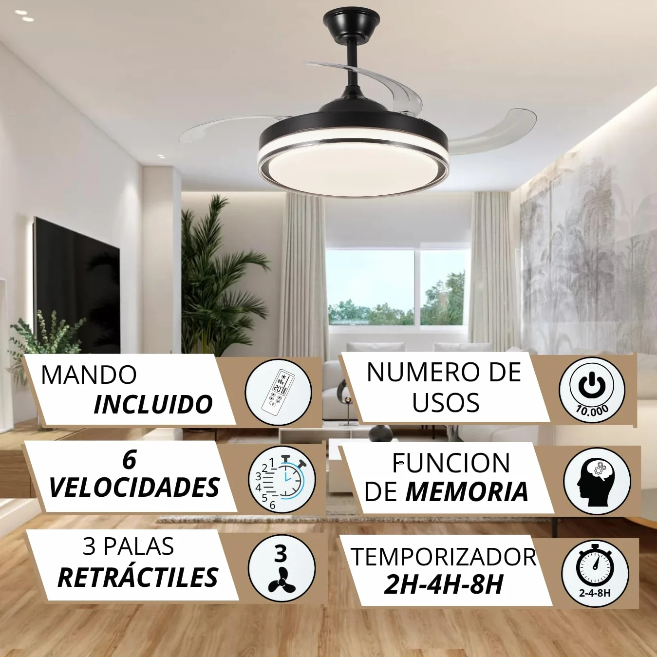 NARVI Ventilador de Techo Negro con Luz LED Regulable, Motor DC 30W Silencioso, 3 Aspas Retráctiles, Función Invierno Verano