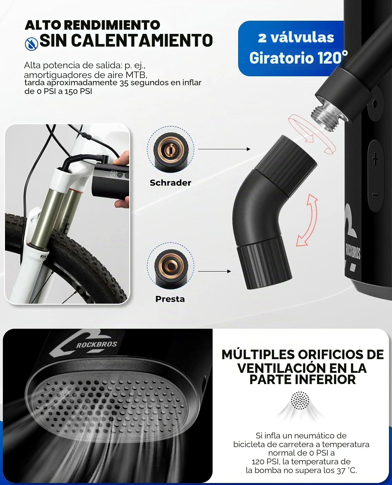ROCKBROS Mini Bomba Eléctrica 150PSI Bomba de Aire Portátil con Pantalla 5000 mAh Inflador de Neumático Válvula Presta y Schrader para Bicicleta Pelotas