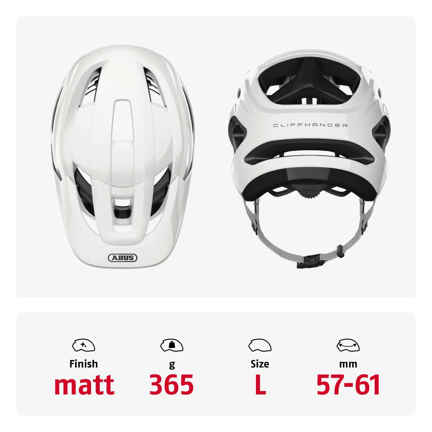 ABUS Cliffhanger Casco MTB de Bicicleta, Alpine White, L | Casco de montaña para singletrail y enduro, cierre magnético, visera regulable, almohadillas lavables