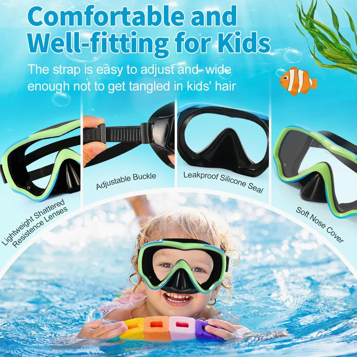 Máscara de buceo para niños, antivaho y antifugas, gafas de esnórquel, impermeables, duraderas, de vidrio templado para niños de 4 a 14 años de edad