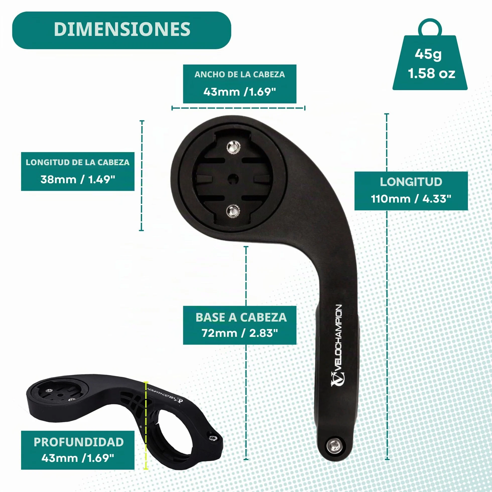 VeloChampion Soporte de Manillar Frontal Compatible con Ciclocomputadores GPS Garmin o Wahoo. Apto para Manillares con Diámetros de 25,4 a 35 mm