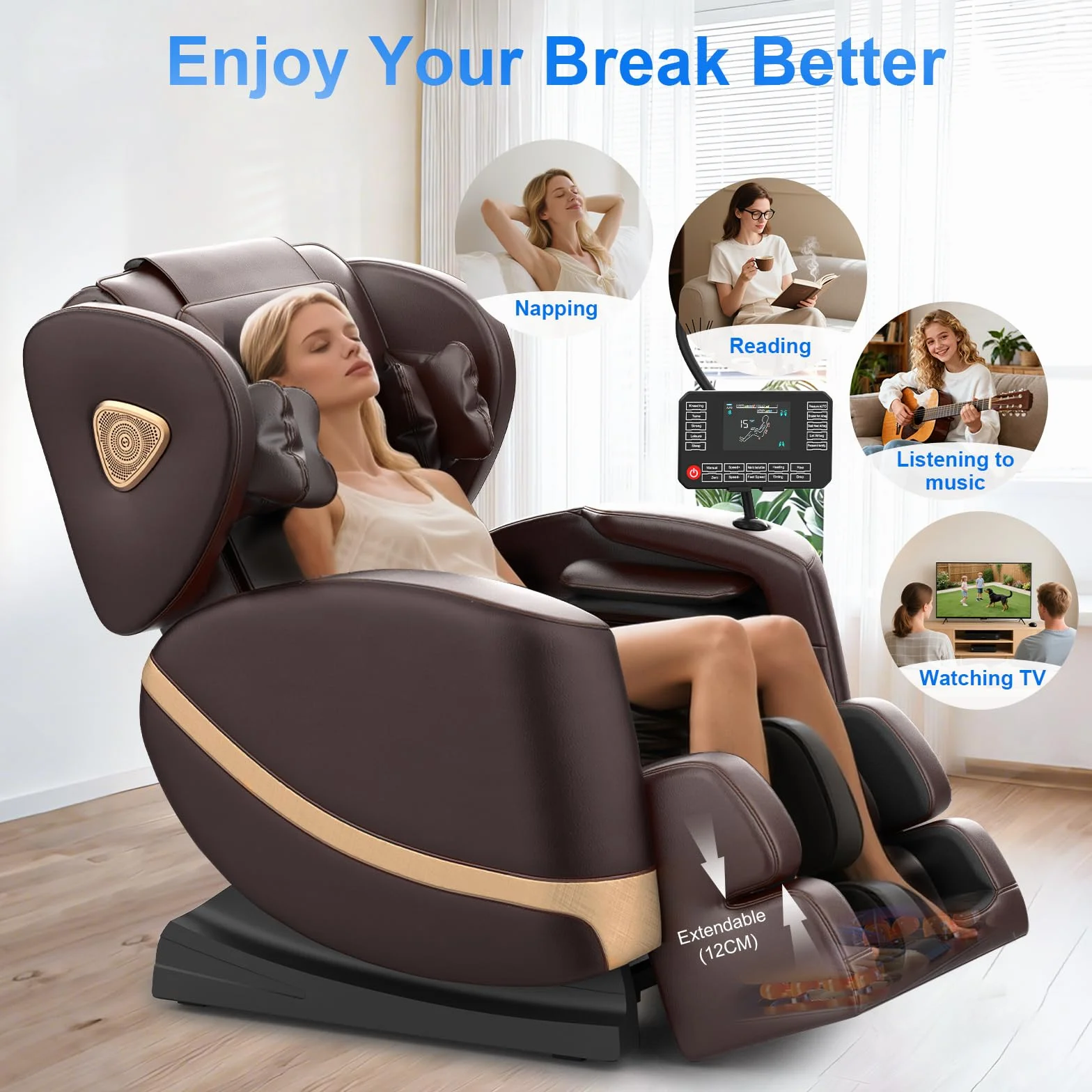 Sillón de Masaje con Gravedad Cero, 14 Ruedas, 8 Airbags, Calefacción, Bluetooth y Pantalla Táctil (Marrón)