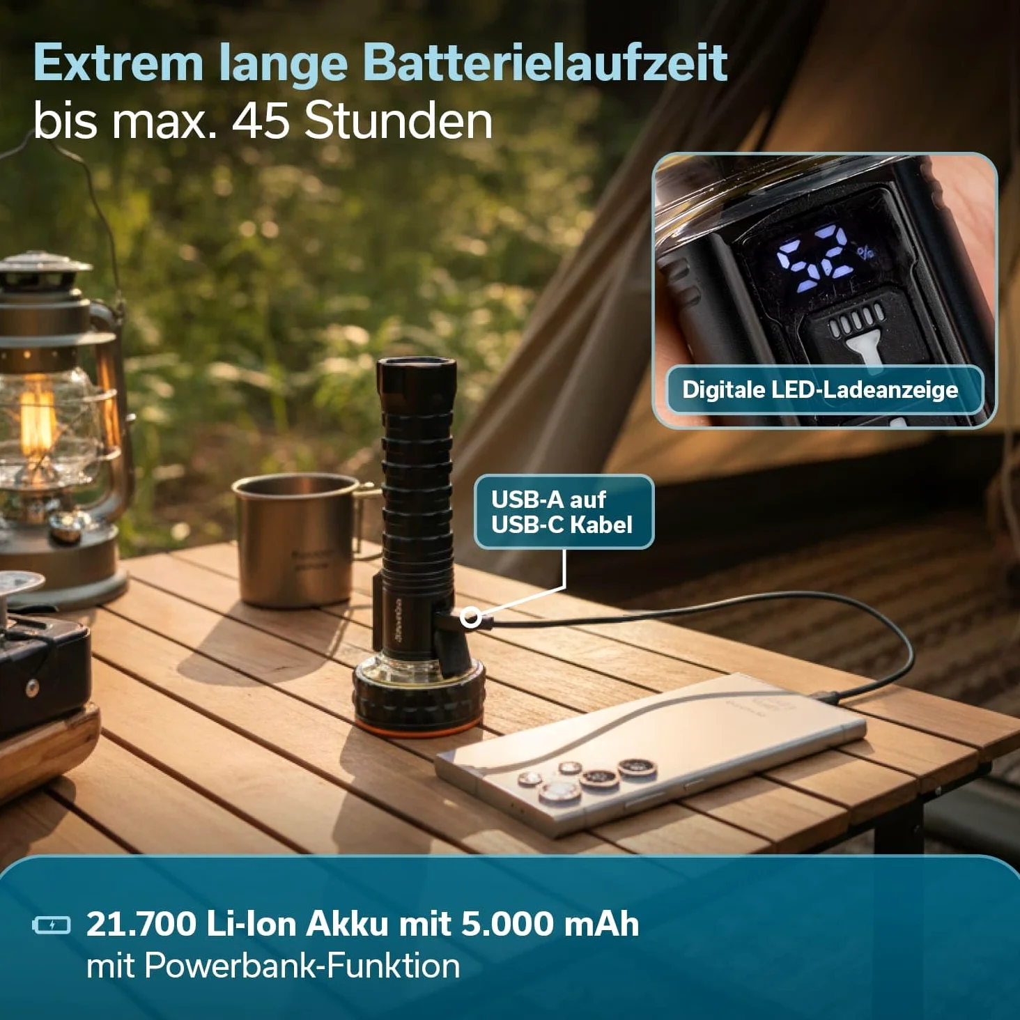 skandika Linterna LED Lyska – Linterna de camping 2 en 1 con LED COB – batería recargable | con imán - luz LED - linterna de mano - para actividades al aire libre - senderismo