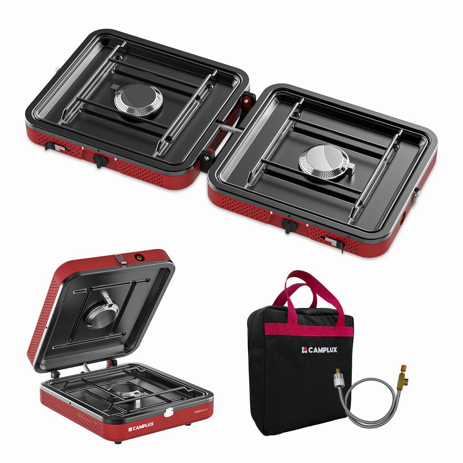 CAMPLUX FoldGo Estufa de Camping de 2 Fuegos, Hornillo de Gas Portátil con Asa, 28-30 mbar, Ideal para Camping, Senderismo y Picnics