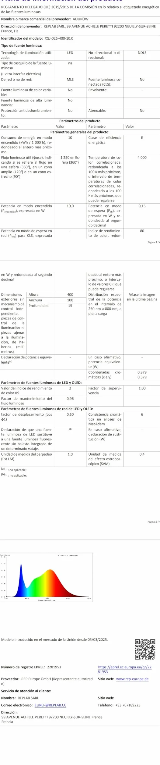 Aourow Lámpara de Espejo LED 40cm 10W 1200lm 4000K IP44 230V Clase II