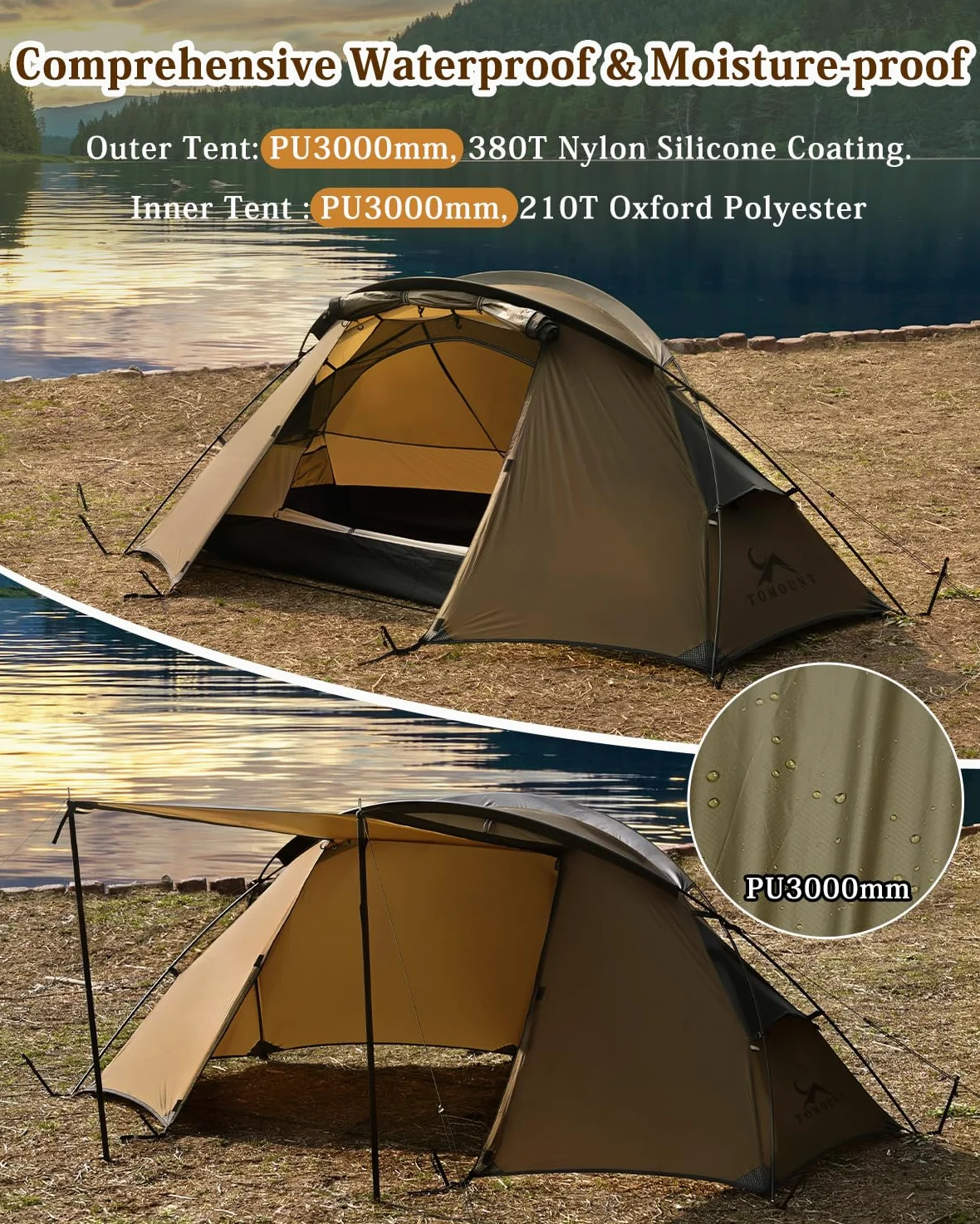 TOMOUNT - Tienda de campaña para mochileros para 1-2 hombres, impermeable, de nailon ultraligero, 1,5 kg a 2 kg, para senderismo, camping, al aire libre