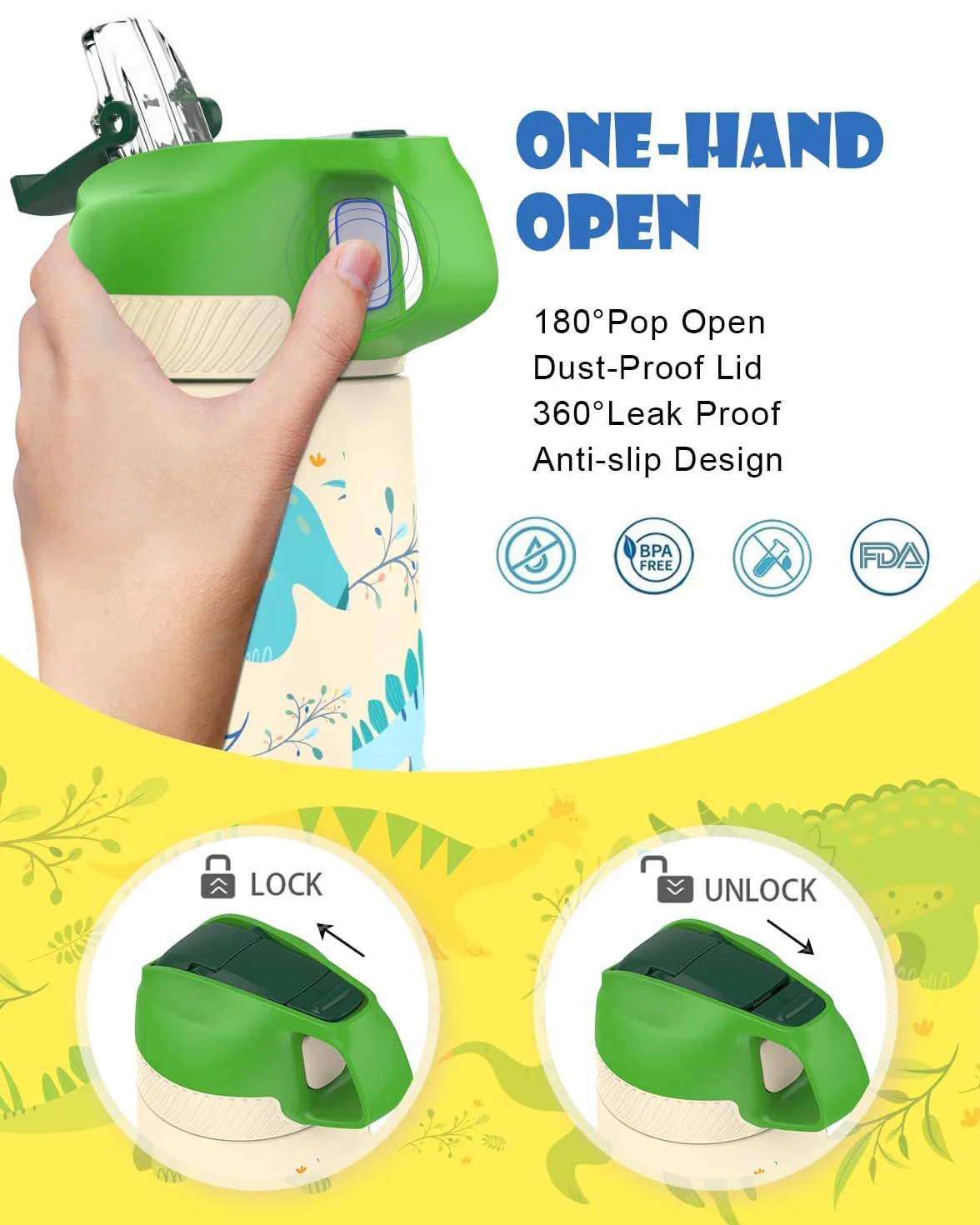 FEIJIAN Botella Agua Acero Inoxidable Niños Sin BPA/Sin Fugas, 350/400ML Botella Termica con Pajita Doble Pared, Botellas de Frío/Caliente Reutilizable para Colegio