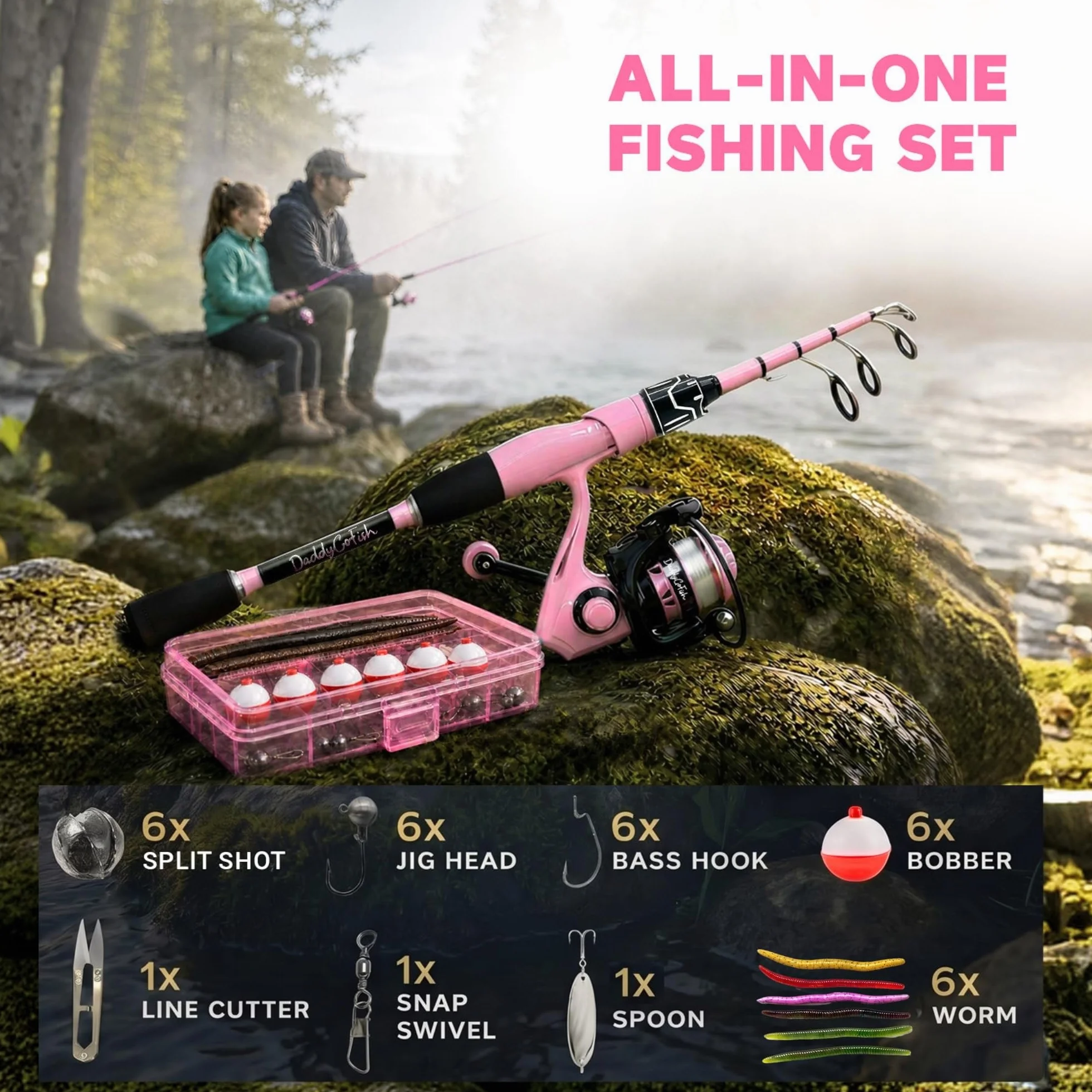Daddygofish Juego Combinado De Caña De Pescar Y Carrete Giratorio con Caja De Aparejos | Caña De Pescar | Kit De Caña De Pescar Telescópica De Fibra De Carbono | Carrete Giratorio para Kit