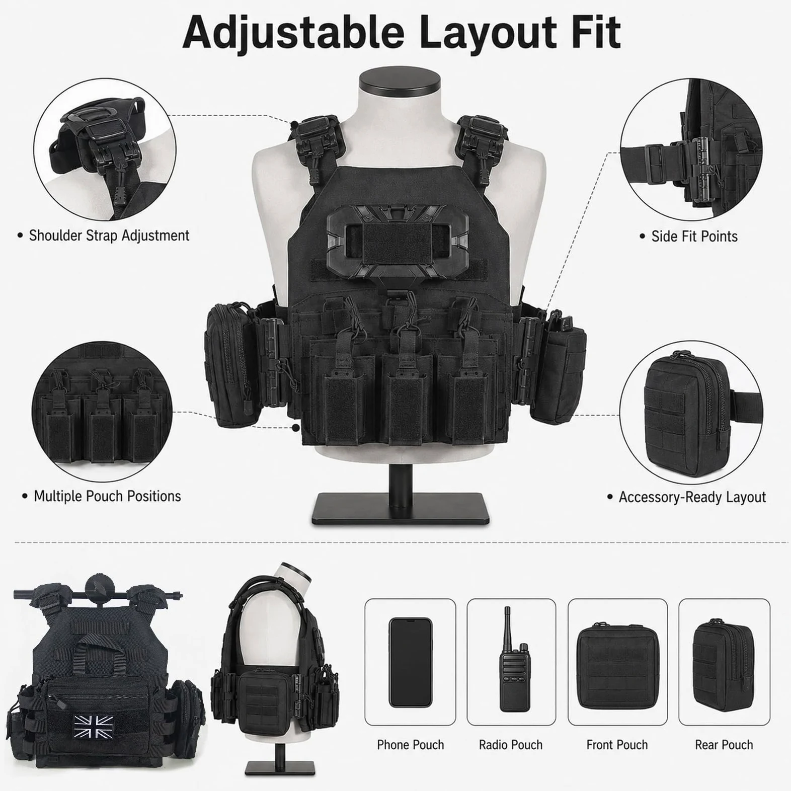 Genérico Arnes de Carga Modular Kit, Chaleco de Pecho Airsoft Ajustable | Incluye Base Bolsa Triple Panel Navegacion Bolsa Smartphone Bolsa Radio y Bolsa Trasera de Carga Utilidades